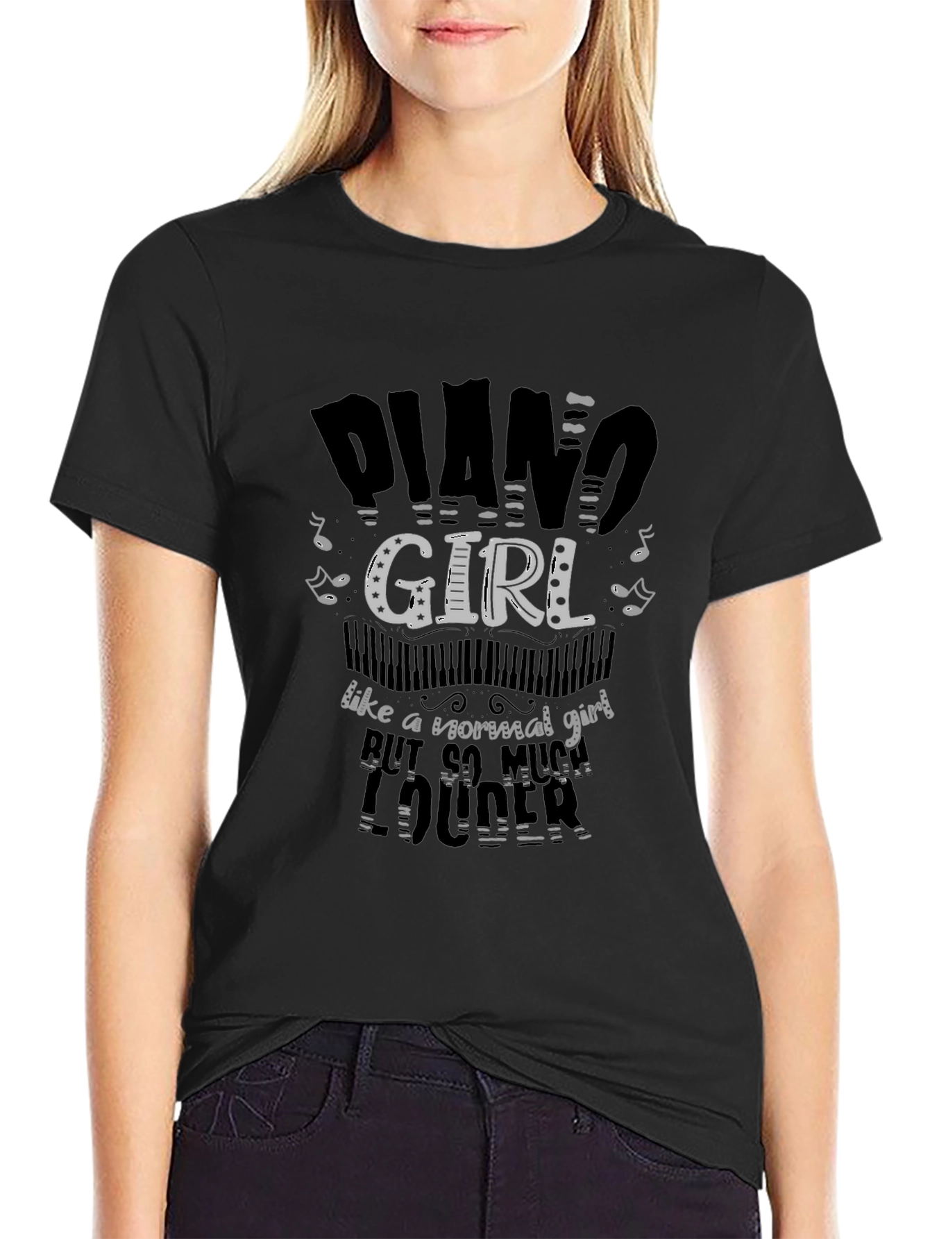 Black Piano Girl T-Shirt - Musical Humor Tee view 2