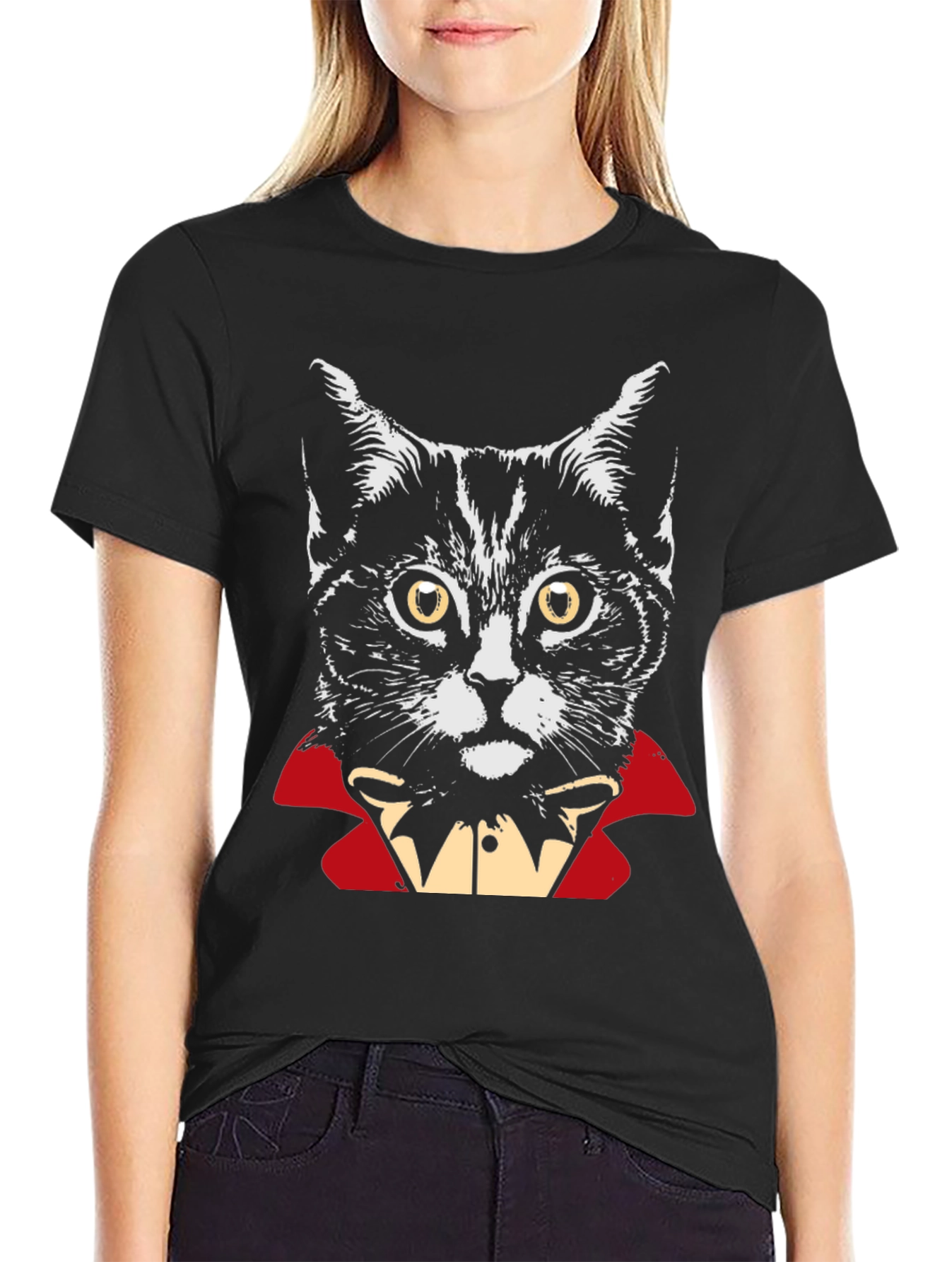 Black Vampire Cat Graphic T-Shirt - Halloween Costume Tee view 2