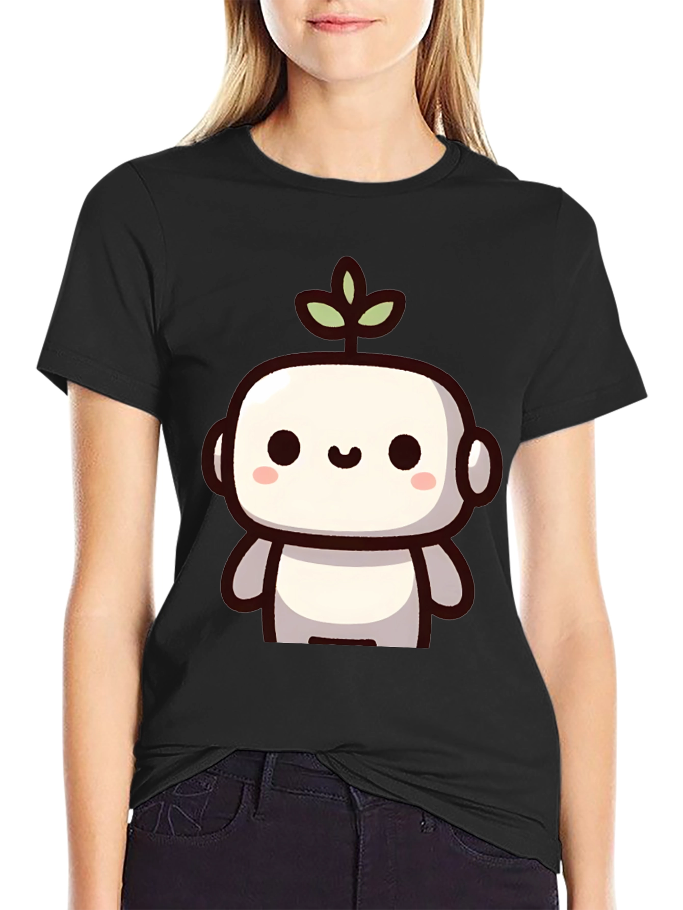 Black Cute Robot Plant Graphic T-Shirt view 2