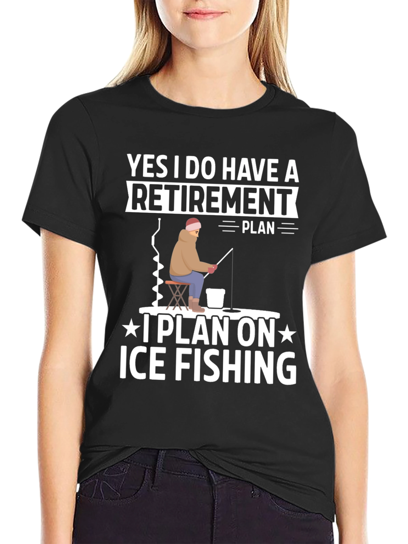 Black Retirement Plan Ice Fishing Graphic Tee view 2