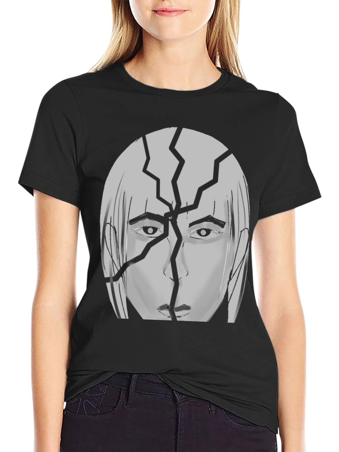 Black Cracked Head Graphic Print T-Shirt view 2