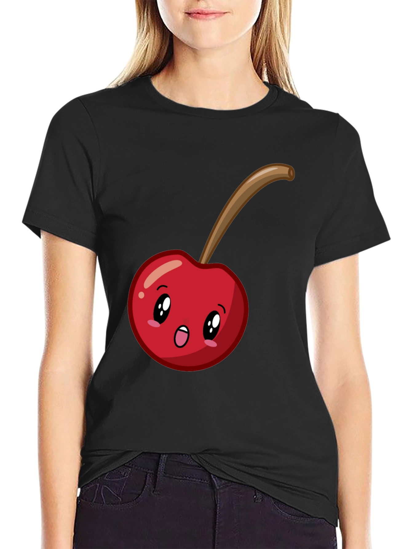 Black Cute Cherry Cartoon Graphic T-Shirt - Black view 2