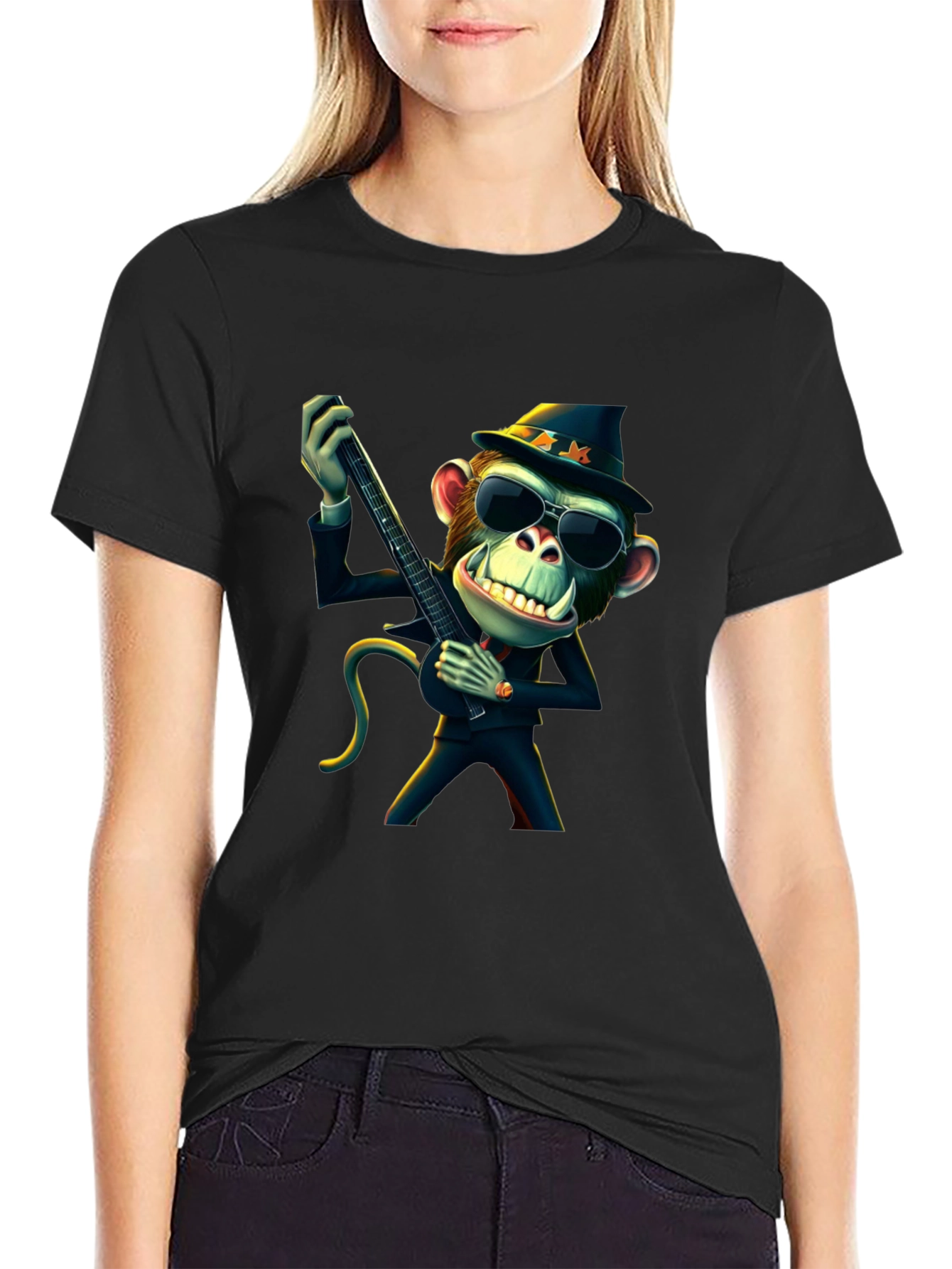 Black Cool Monkey Guitarist Black T-Shirt view 2