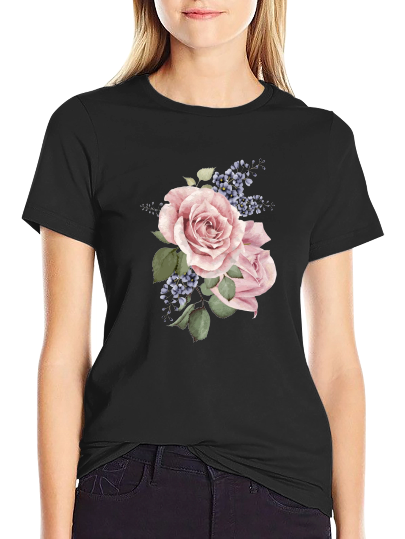 Black Floral Rose Graphic Black T-Shirt view 2
