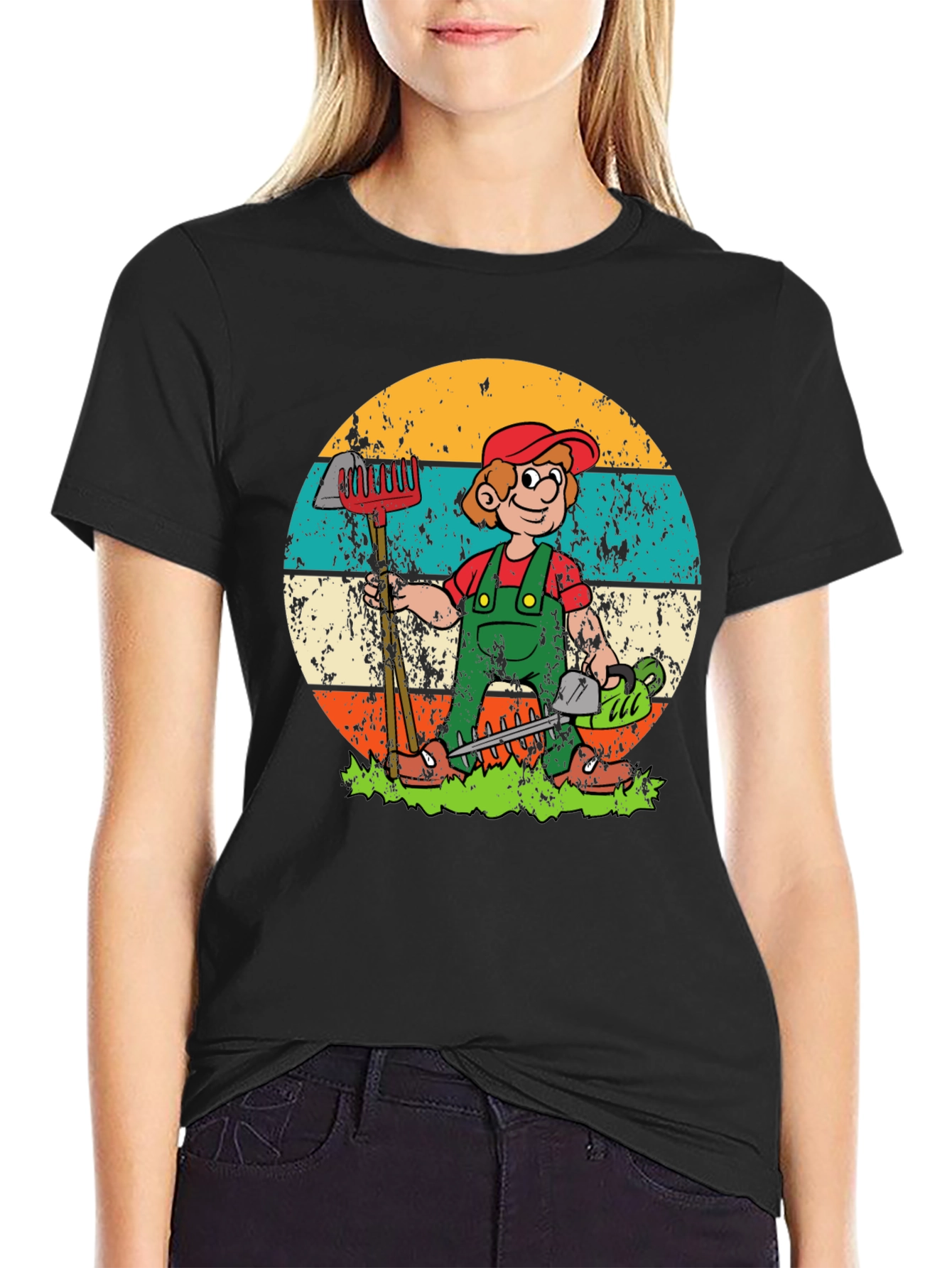 Black Gardener Cartoon Graphic T-Shirt - Unisex view 2