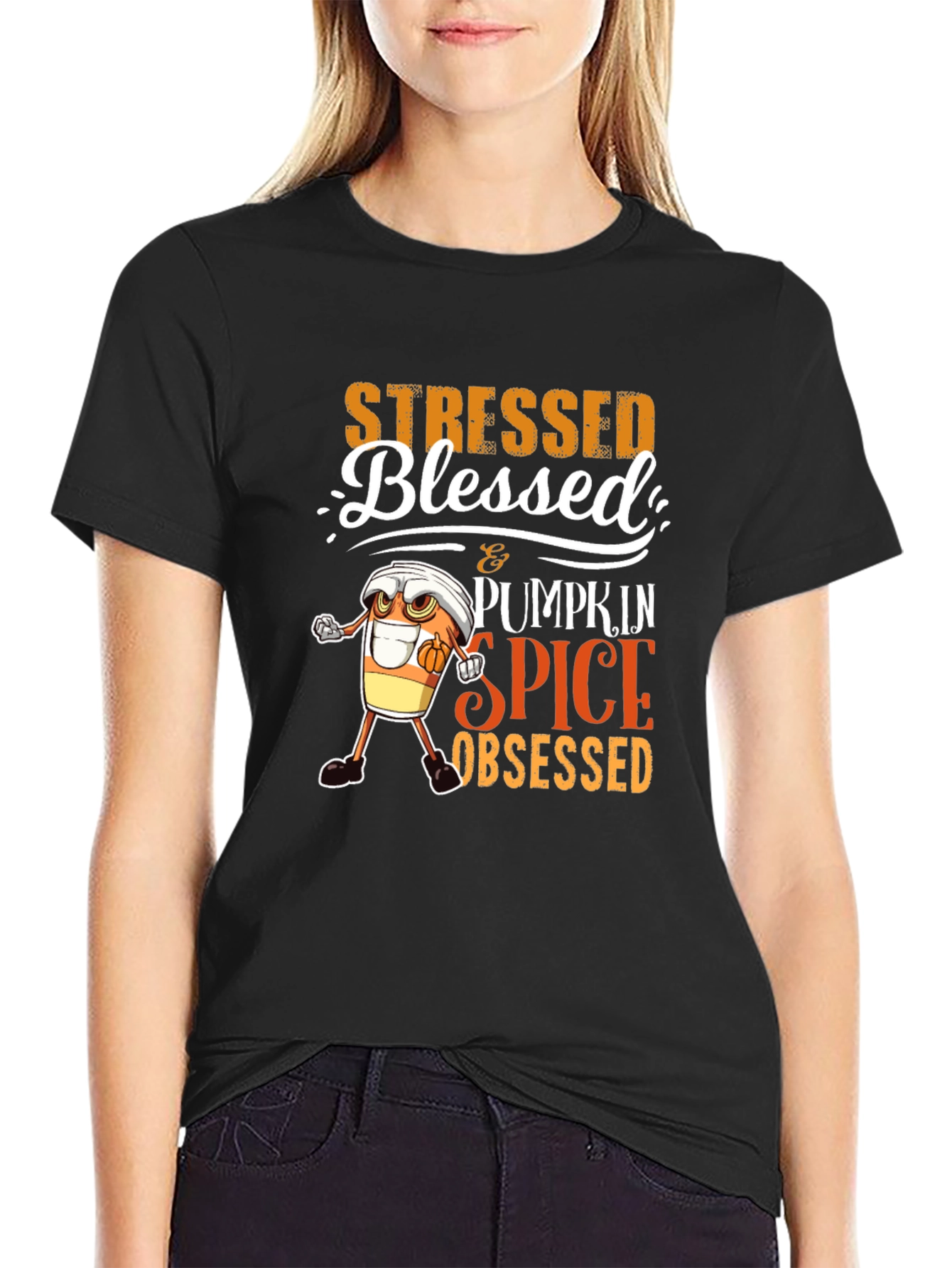 Black Stressed Blessed Pumpkin Spice Obsessed T-Shirt view 2