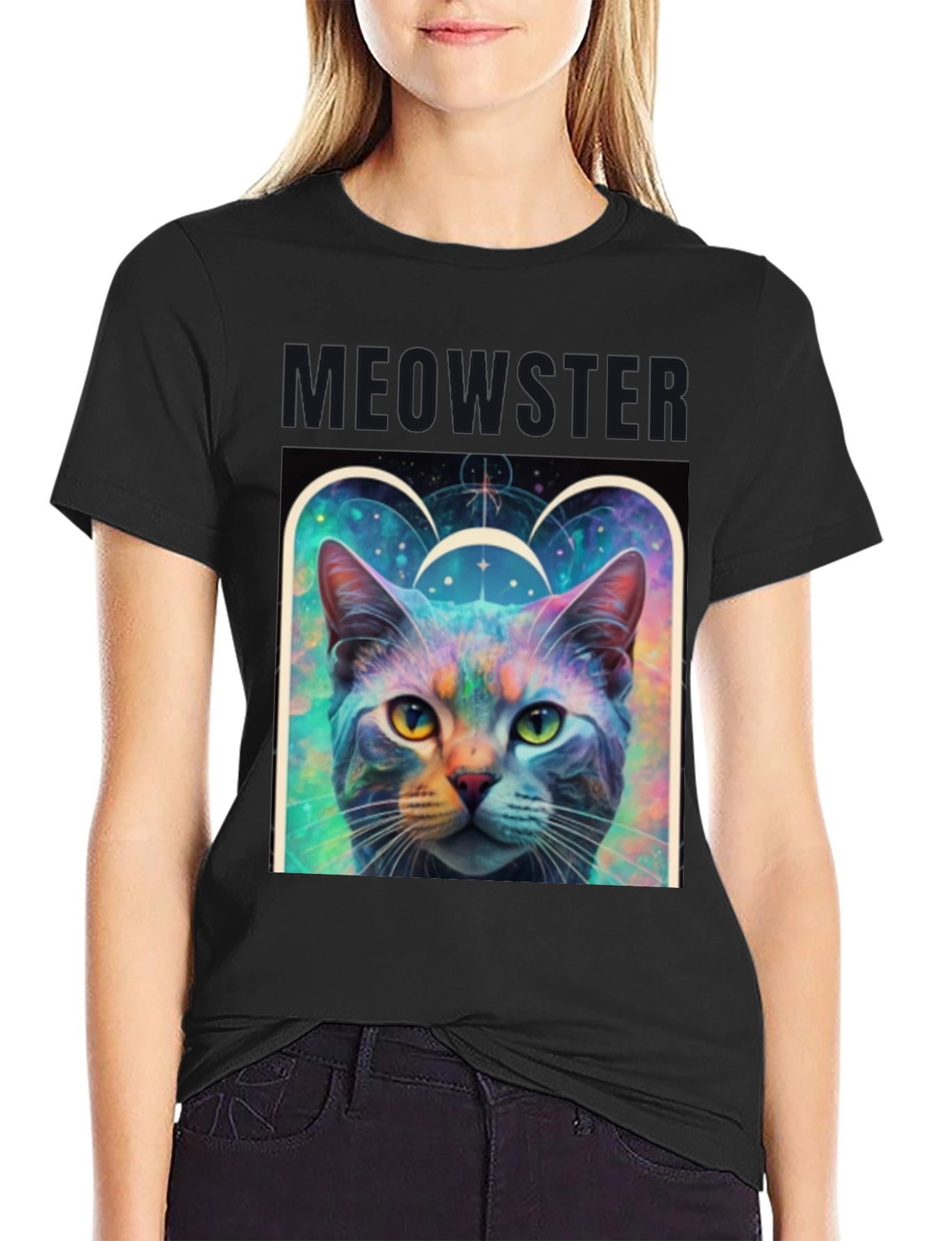 Black Meowster Cat Graphic Print Black T-Shirt view 2