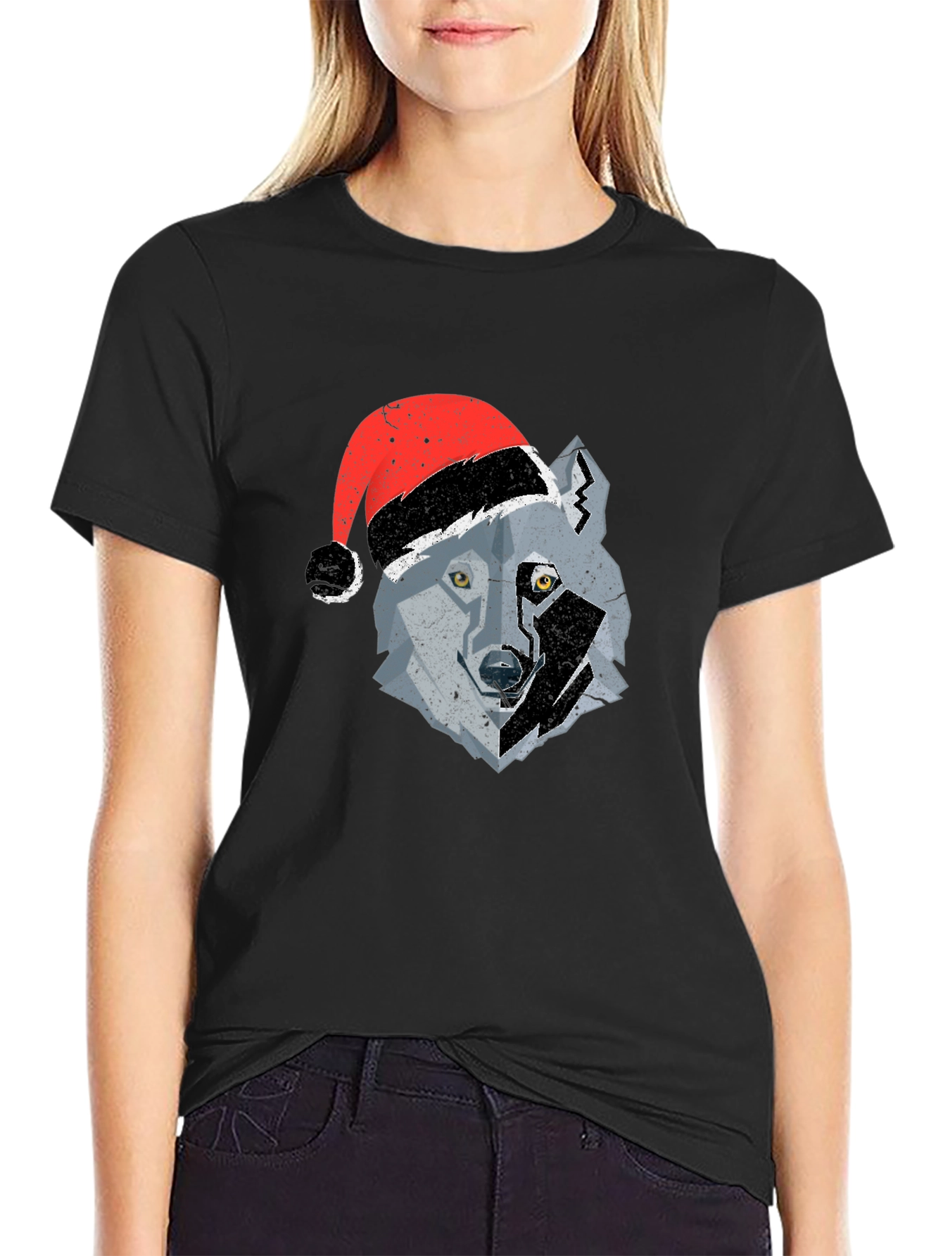 Black Wolf Santa Hat Graphic Tee view 2