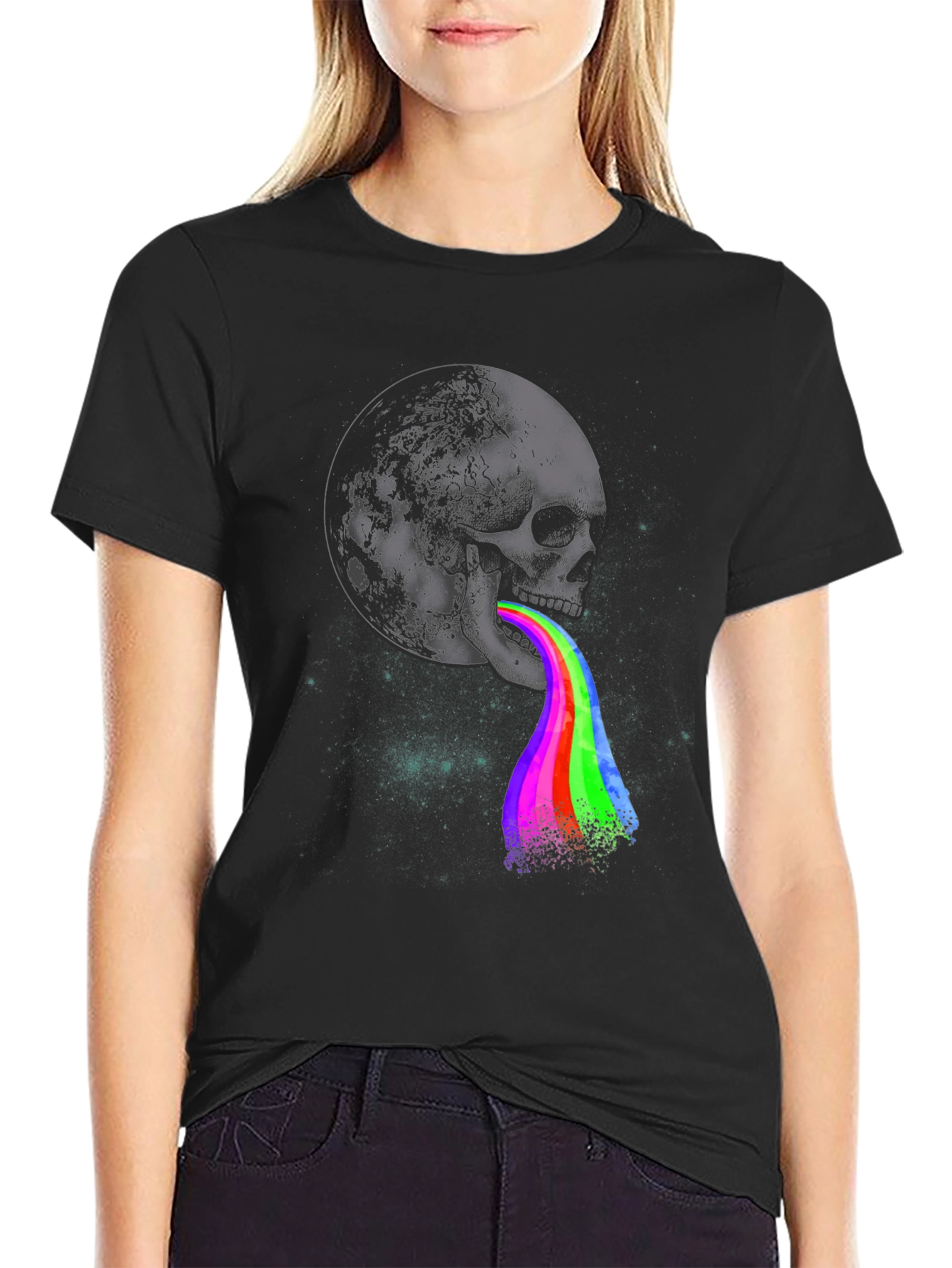Black Skull Moon Rainbow Graphic Tee - Dark Style view 2