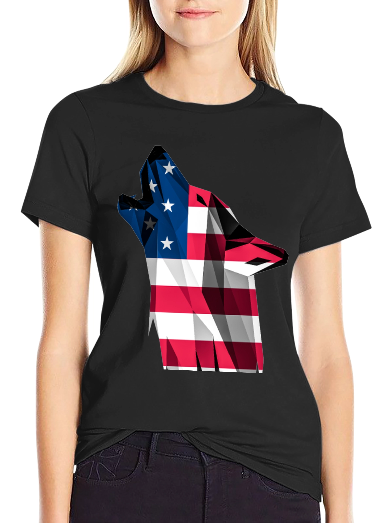 Black American Flag Wolf Graphic Tee view 2