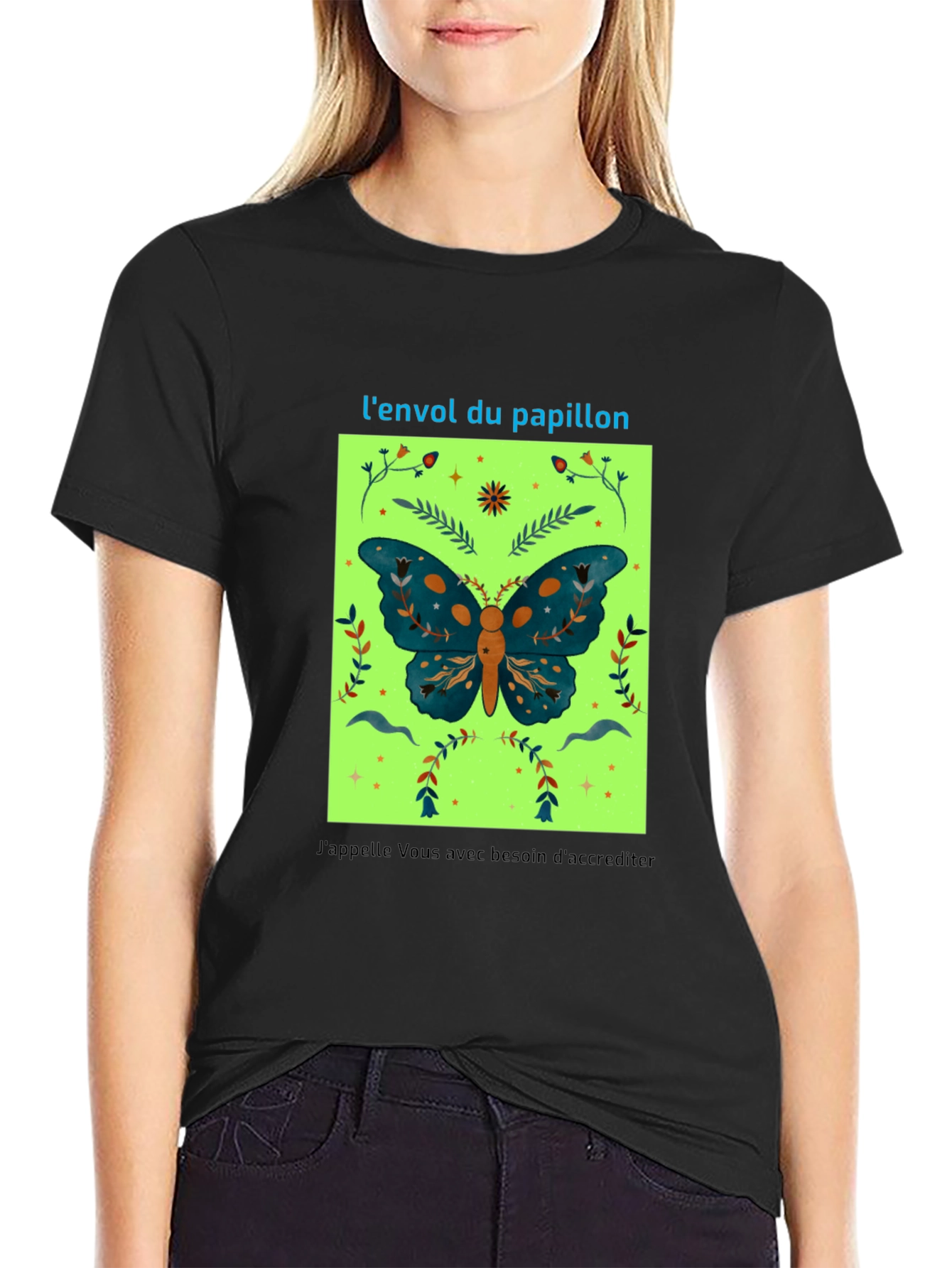 Black Butterfly Graphic Tee - French Slogan Design view 2