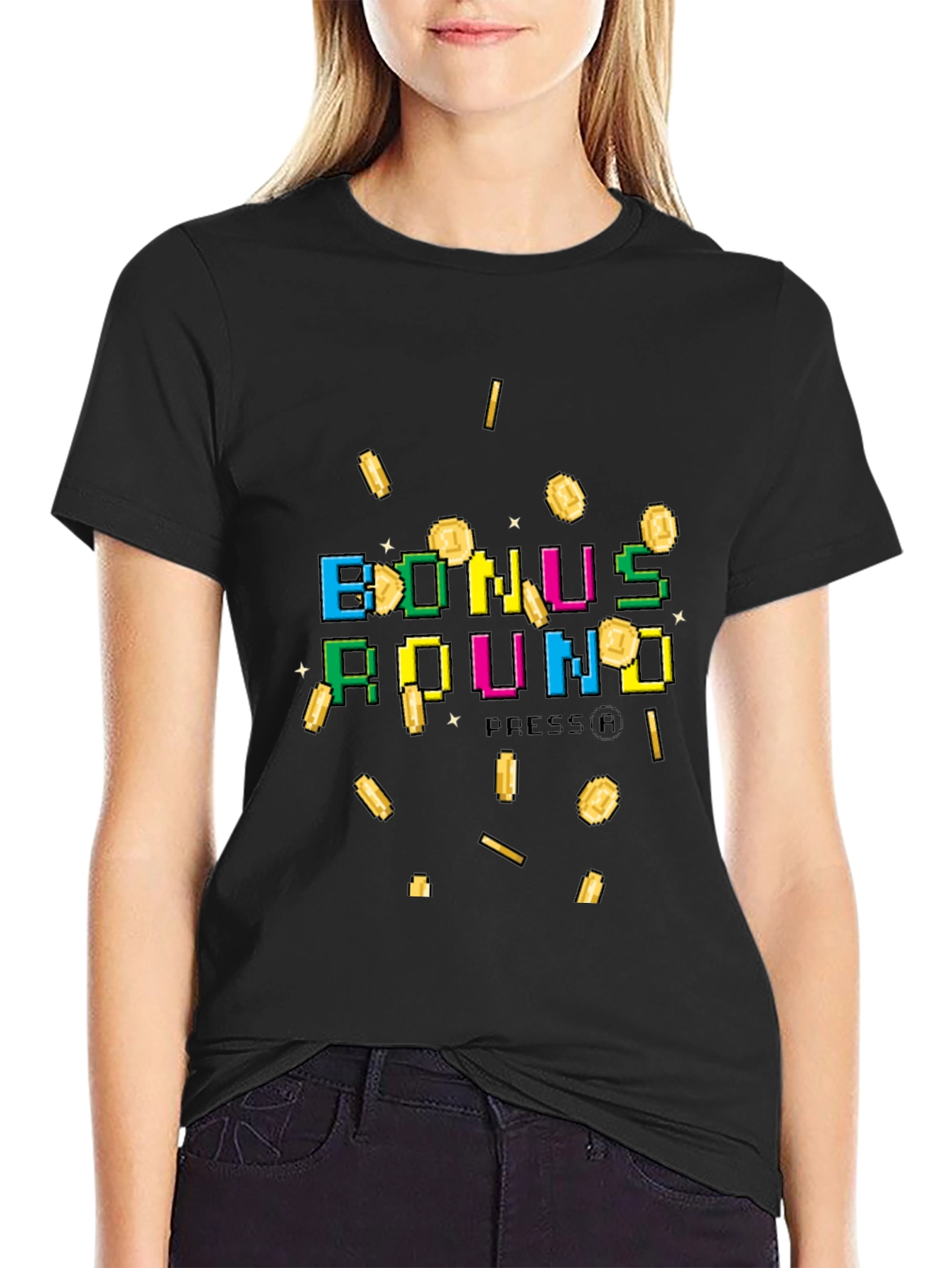 Black Bonus Round Pixel Art Graphic T-Shirt view 2