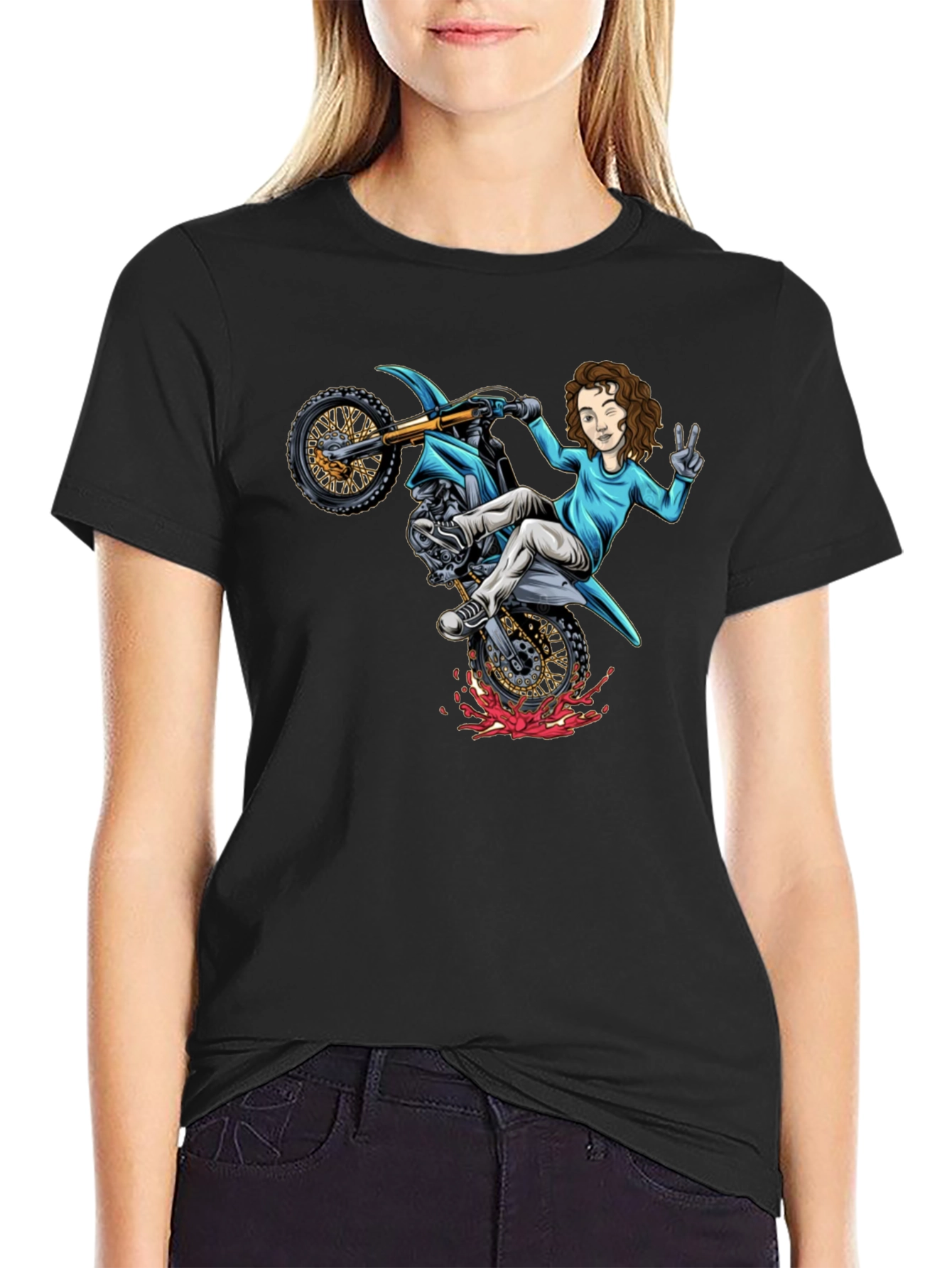 Black Motorcycle Girl Graphic Tee - Black Cotton Shirt view 2