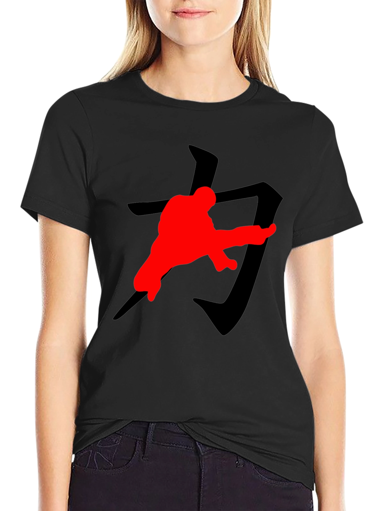 Black Karate Kick T-Shirt: Black with Red Graphic Print view 2