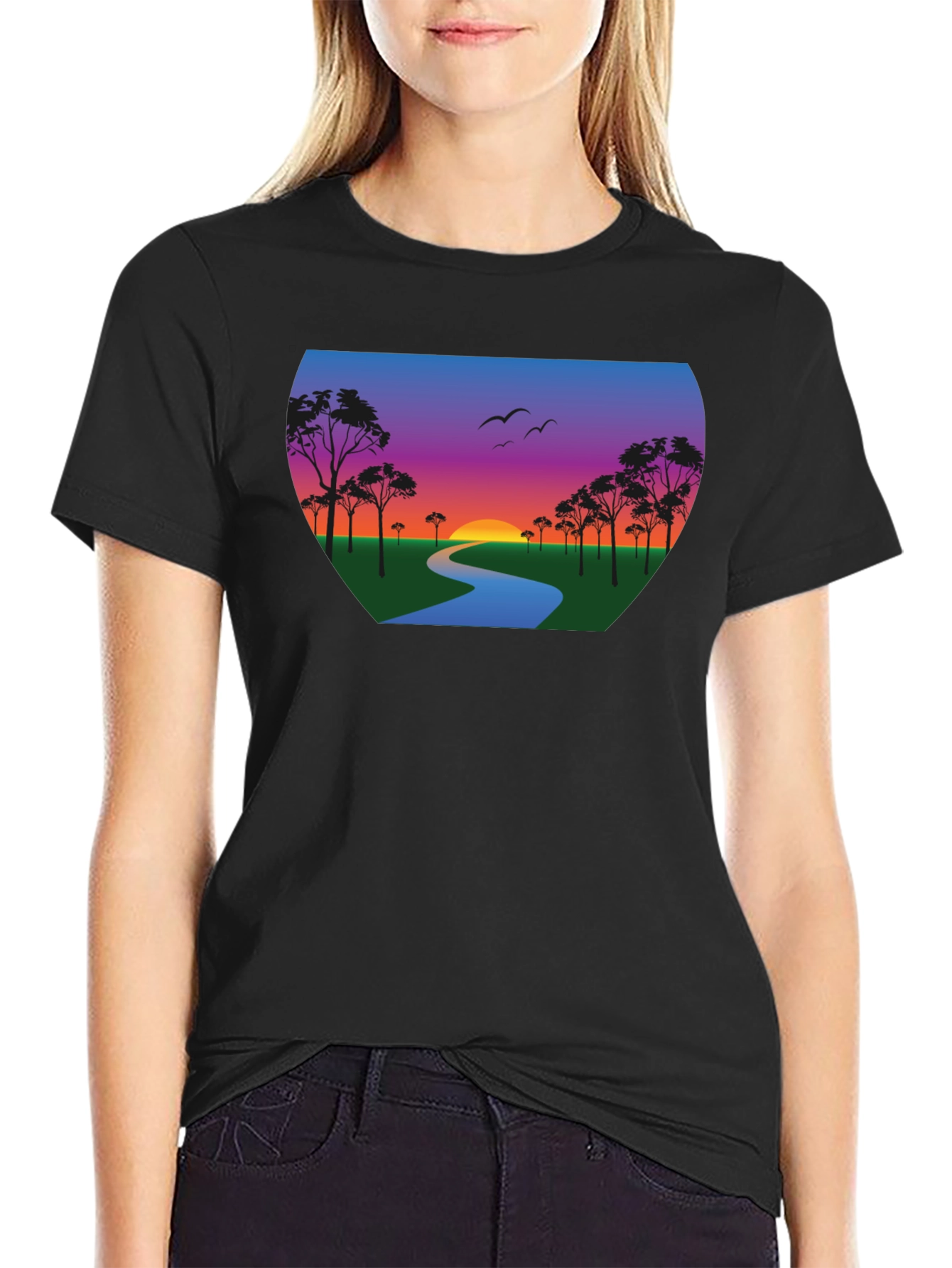 Black Sunset River Graphic Tee - Black Cotton Blend view 2