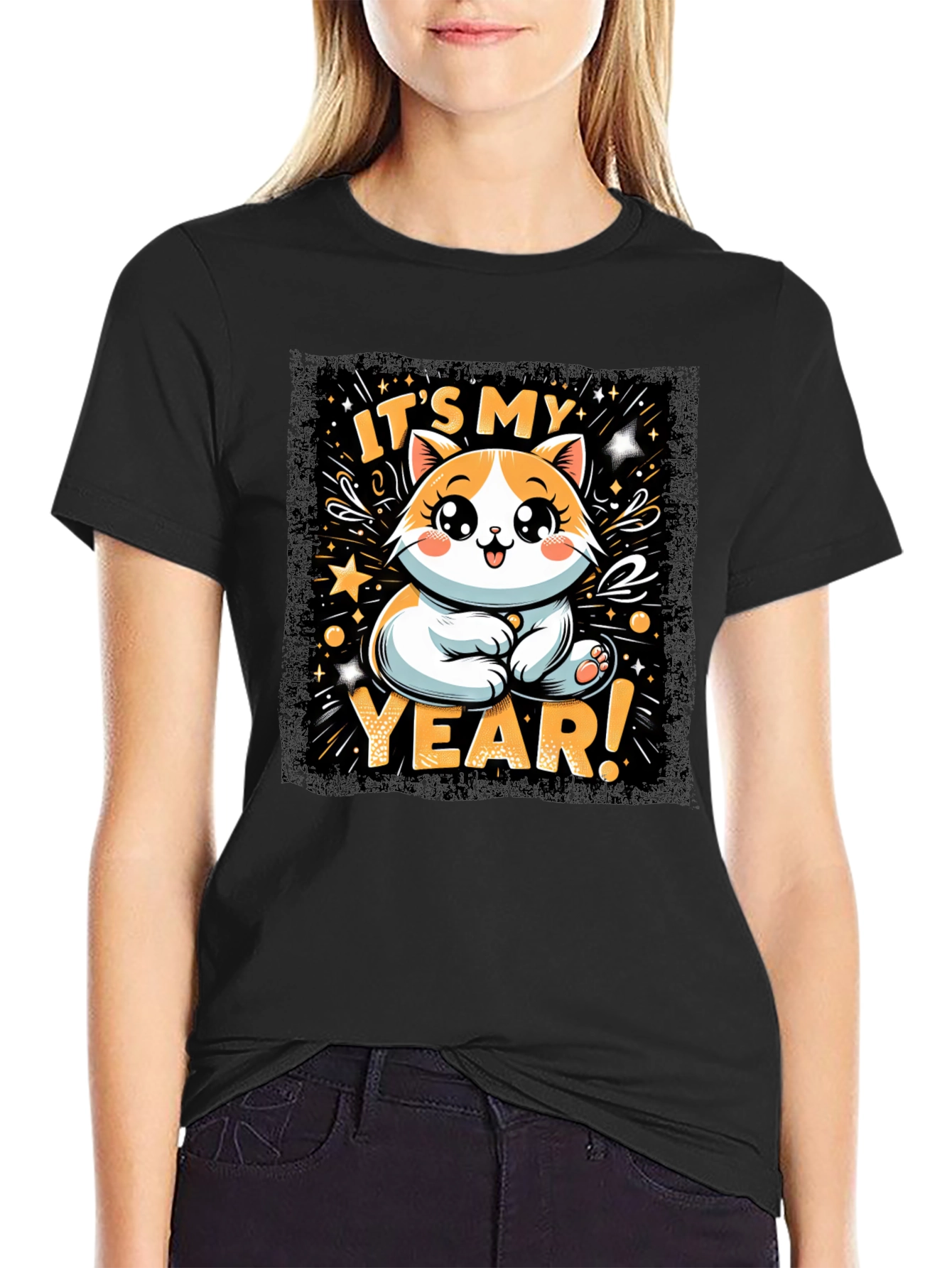 Black Cute Cat Year T-Shirt view 2