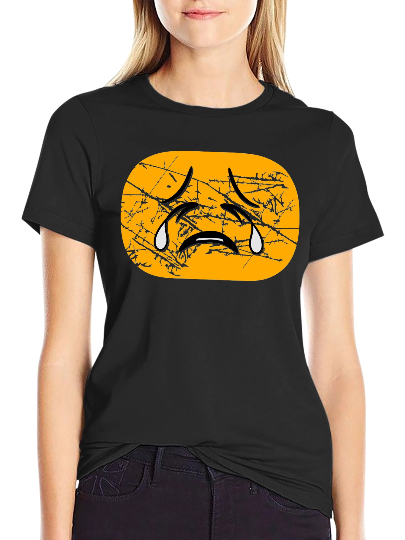 Black Distressed Crying Emoji T-Shirt - Black view 2