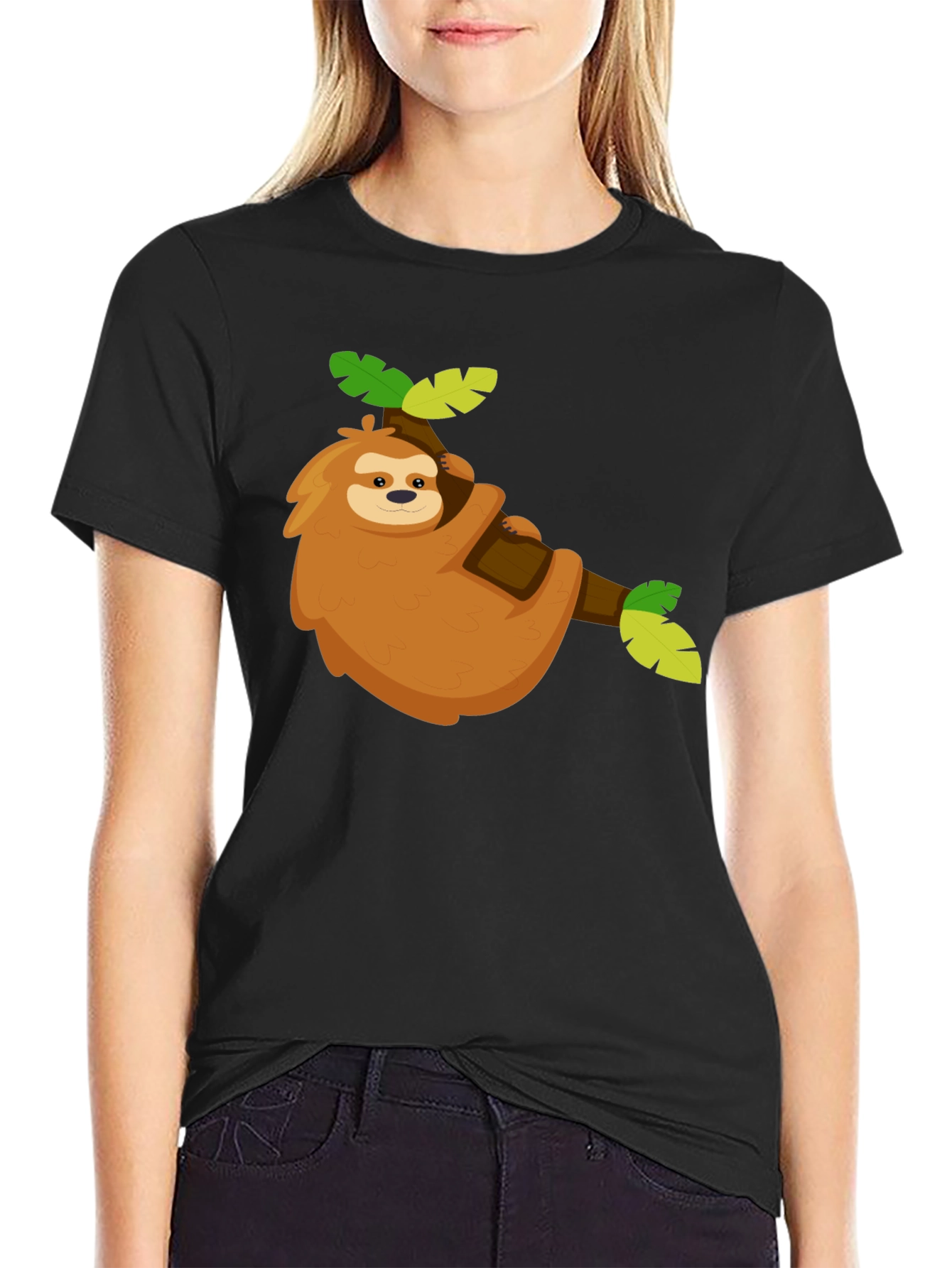 Black Cute Sloth Graphic Tee - Relaxed & Fun view 2