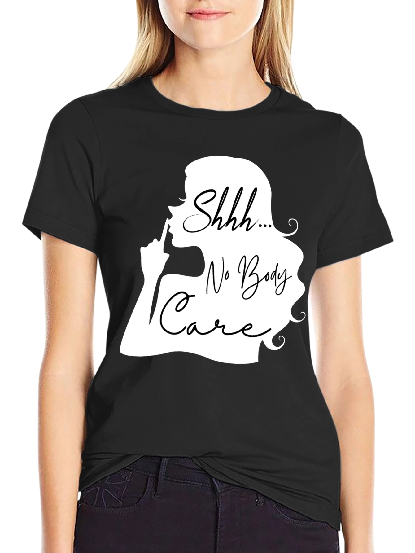 Black Shhh No Body Care Graphic Tee - Black Cotton T-Shirt view 2