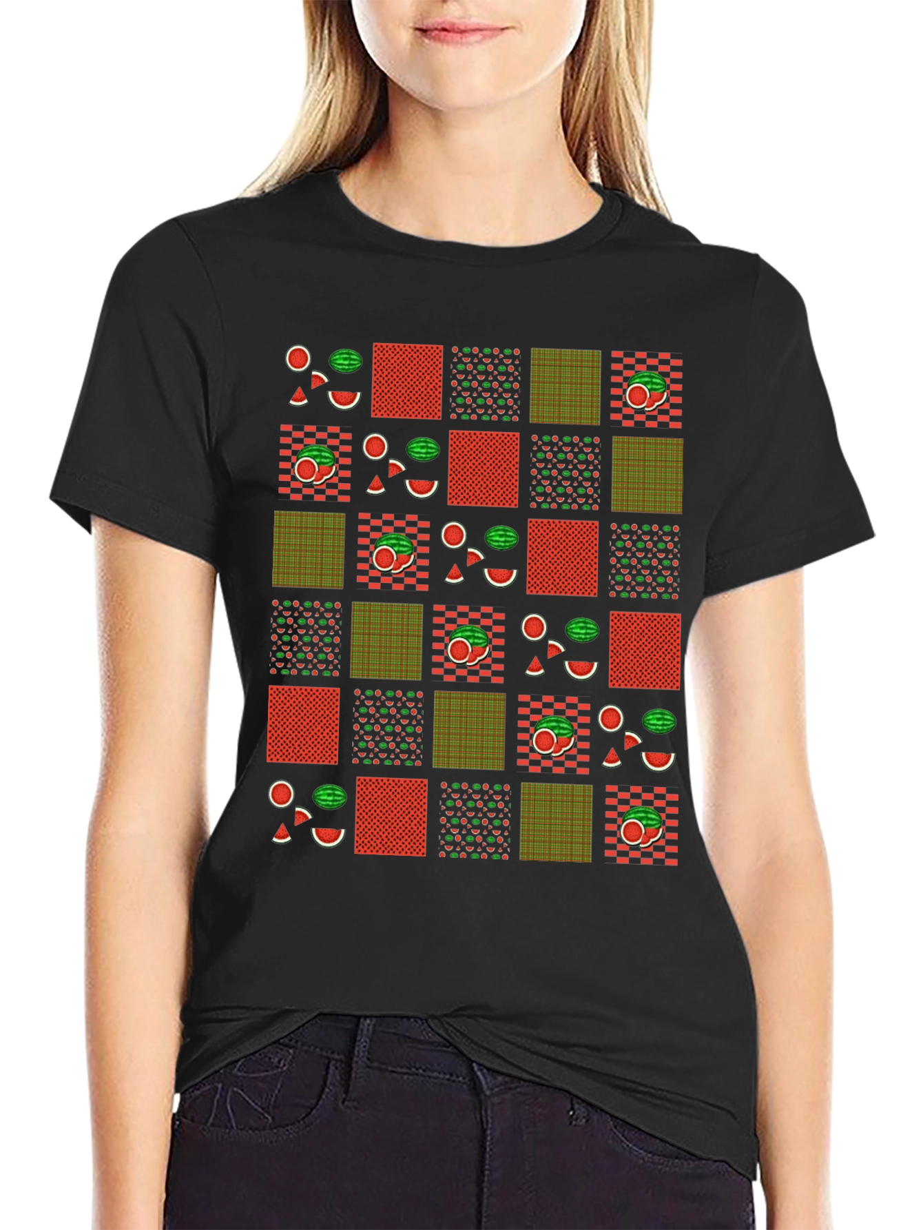 Black Fun Watermelon Patchwork Graphic Tee - Summer Style view 2