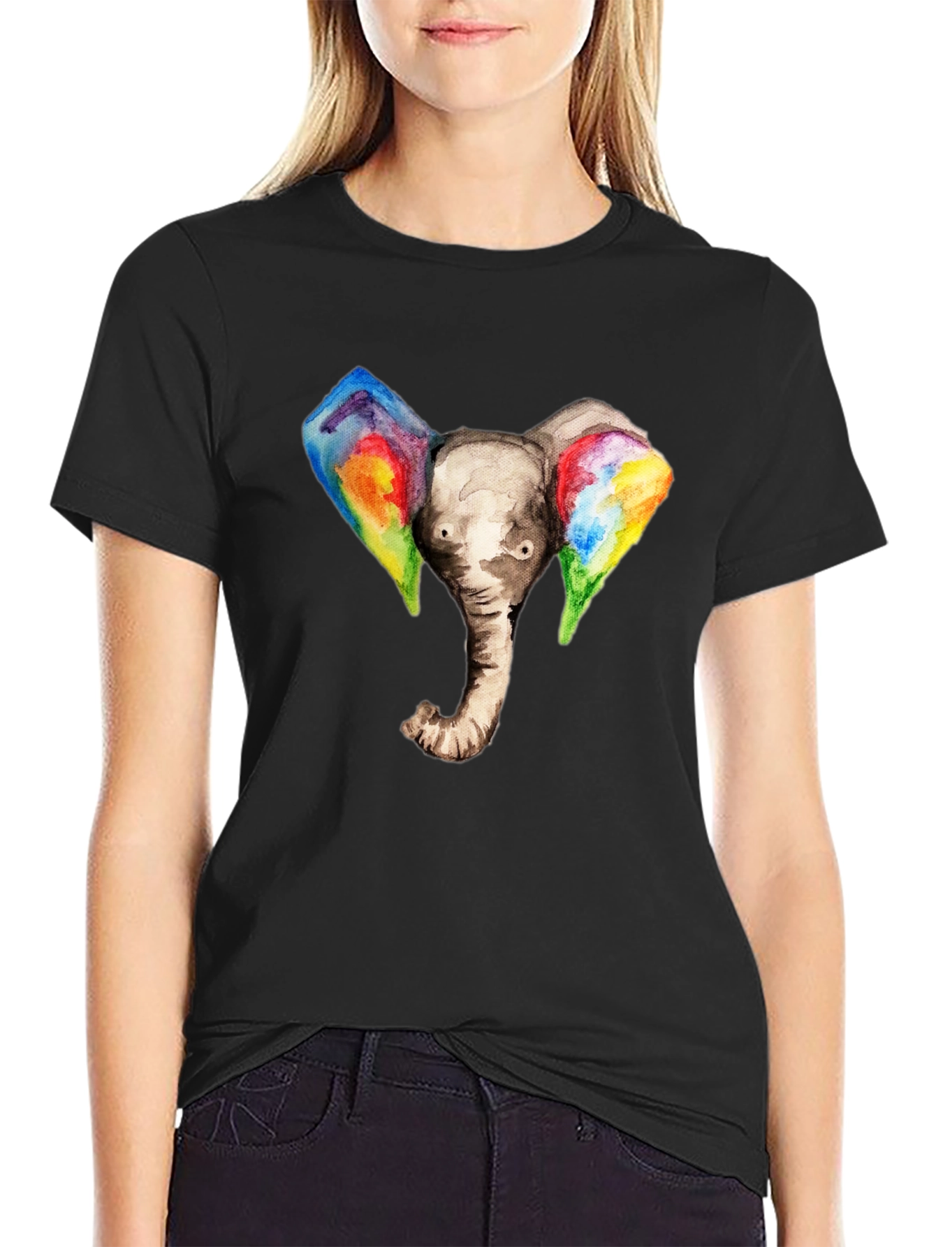 Black Elephant Rainbow Ears Graphic T-Shirt view 2