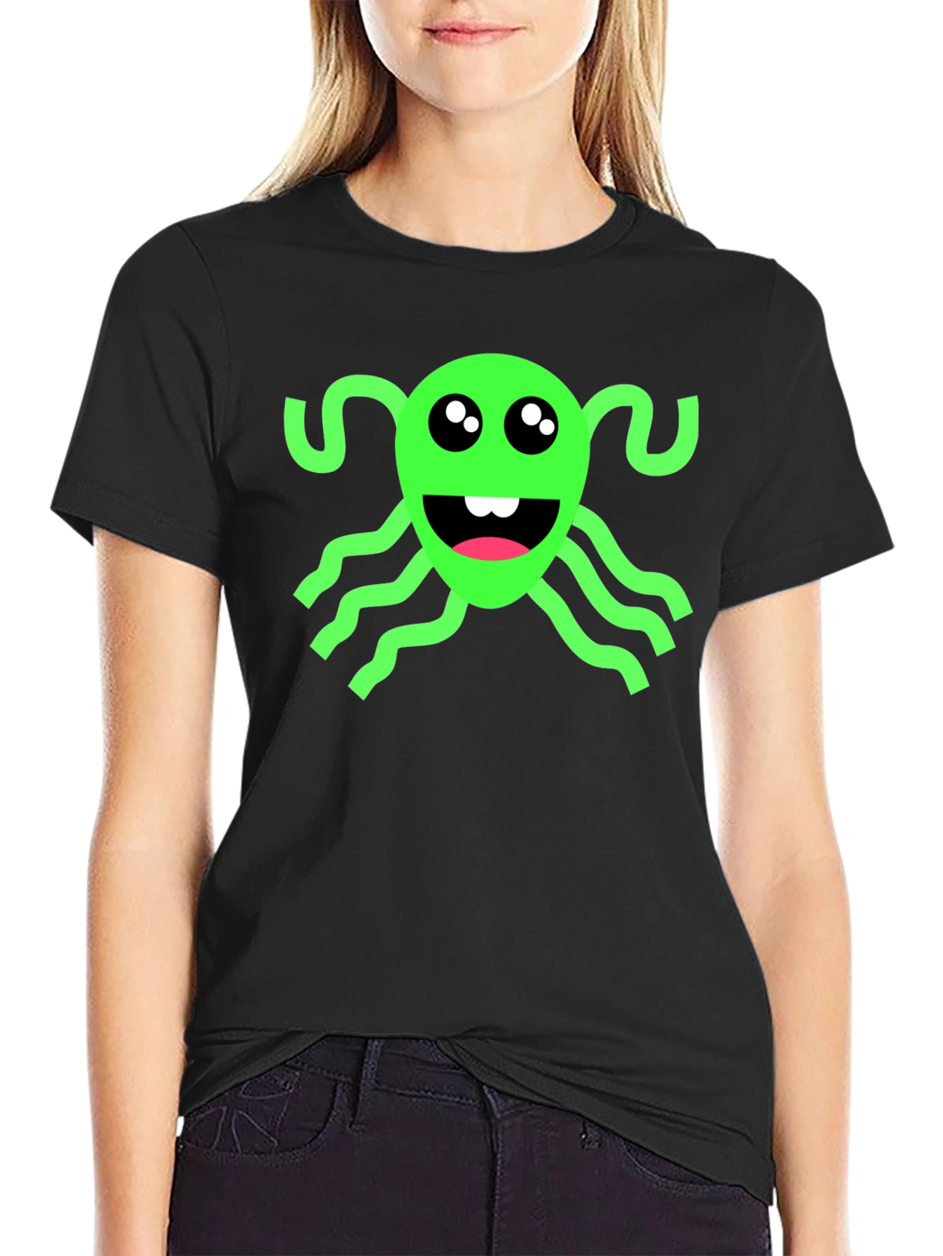 Black Funny Green Alien Black T-Shirt view 2