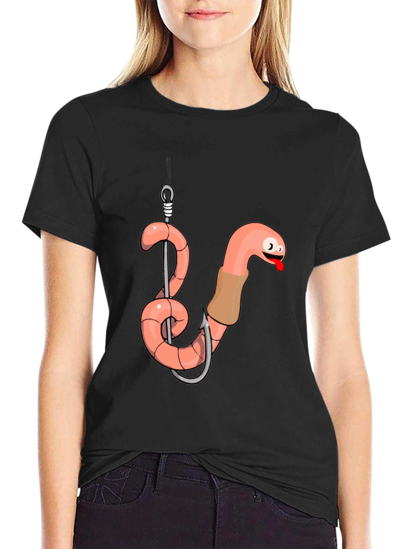 Black Funny Worm on Hook Black T-Shirt view 2
