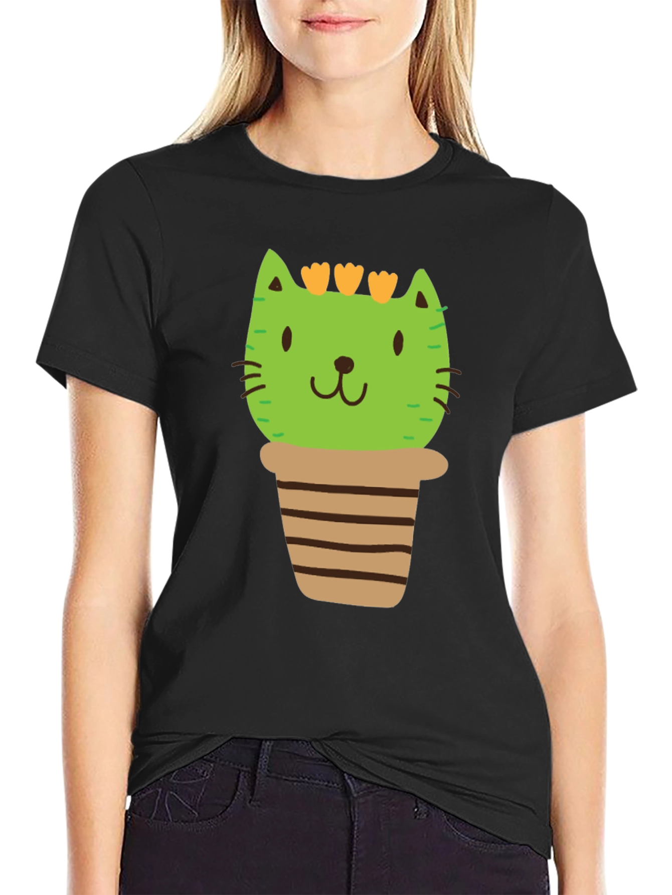 Black Cactus Cat T-Shirt - Plant Lover Tee view 2