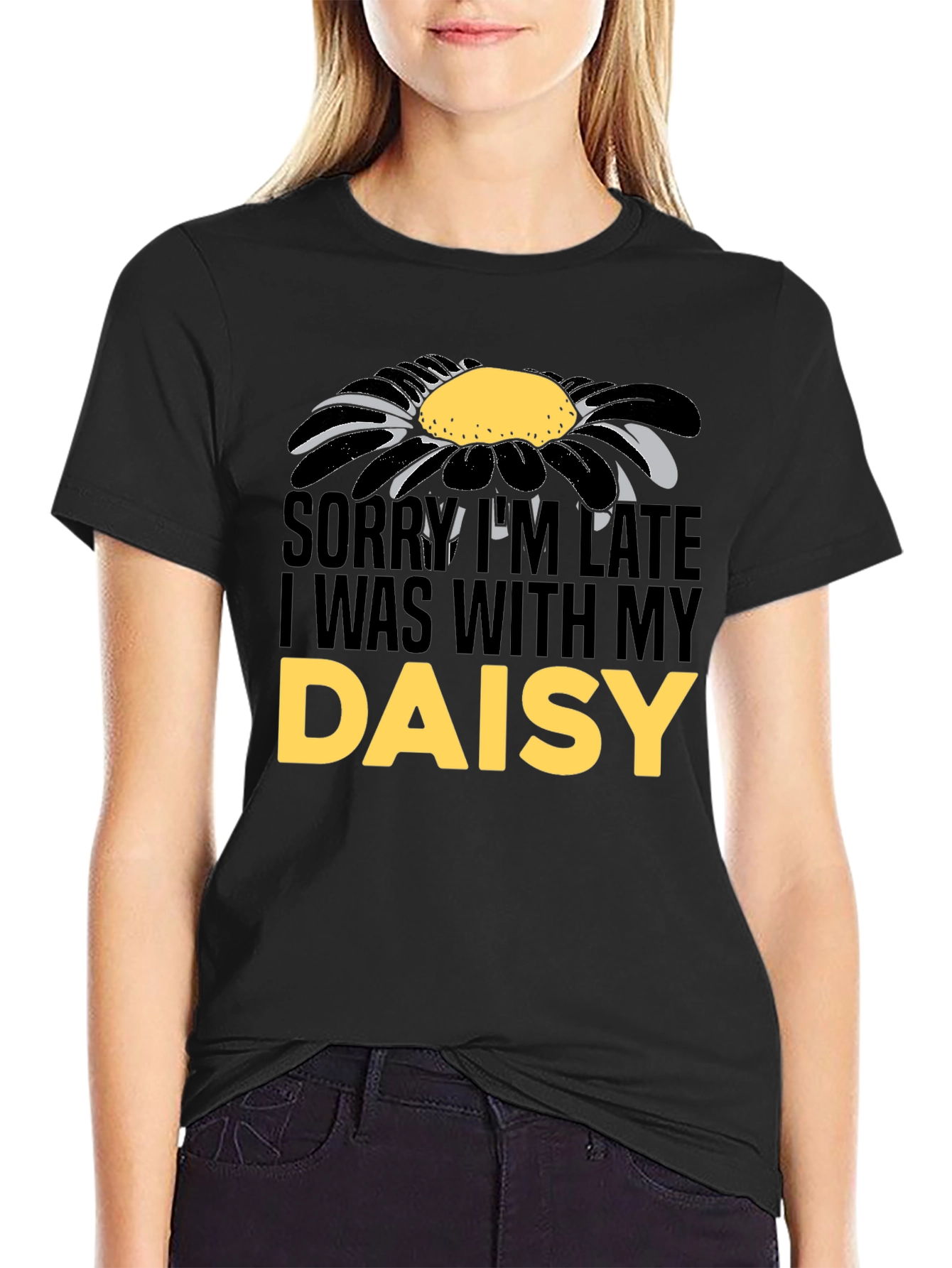 Black Daisy Graphic Men's T-Shirt - Sorry I'm Late view 2