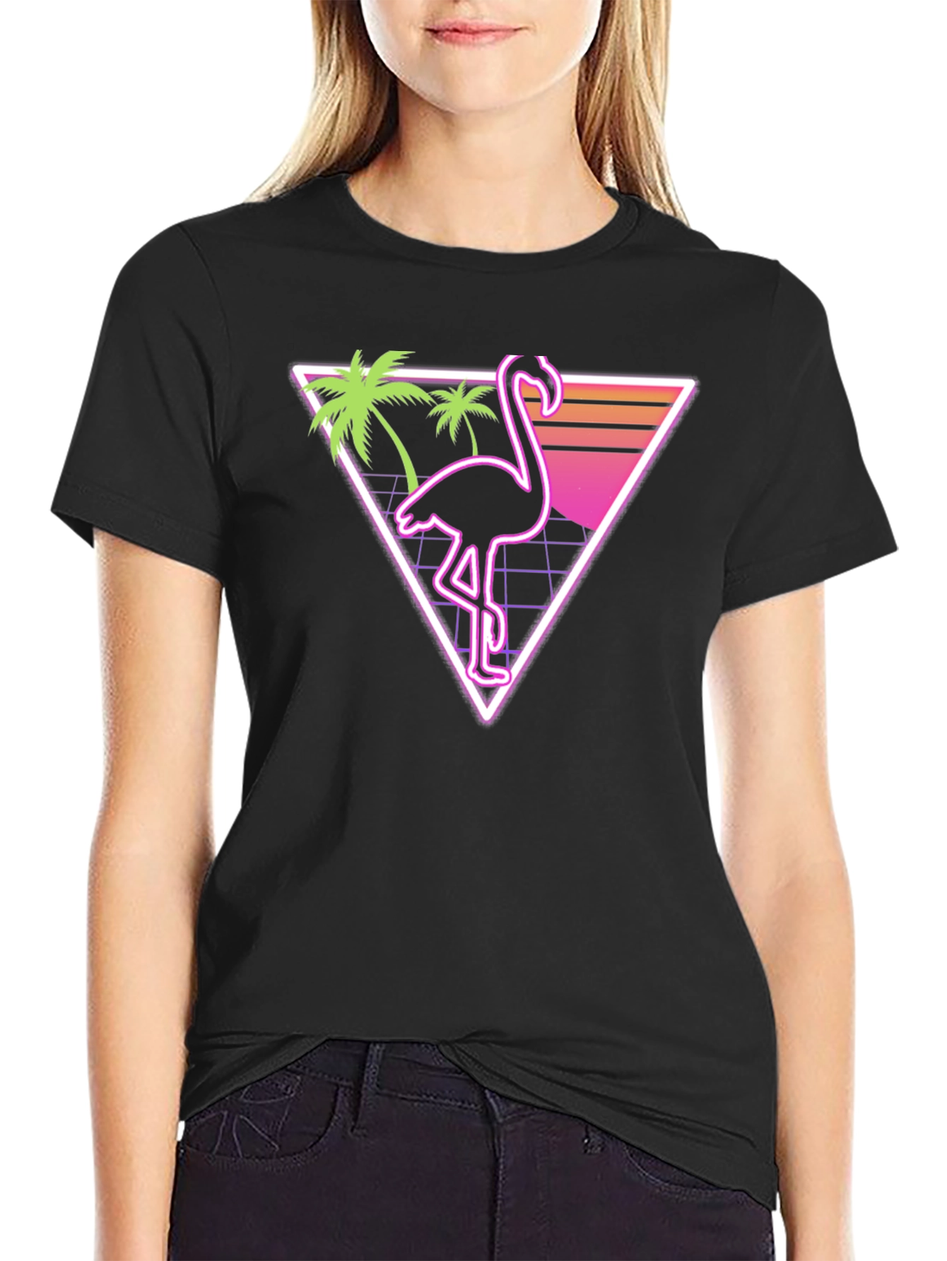 Black Retro Flamingo T-Shirt - Vaporwave Style view 2