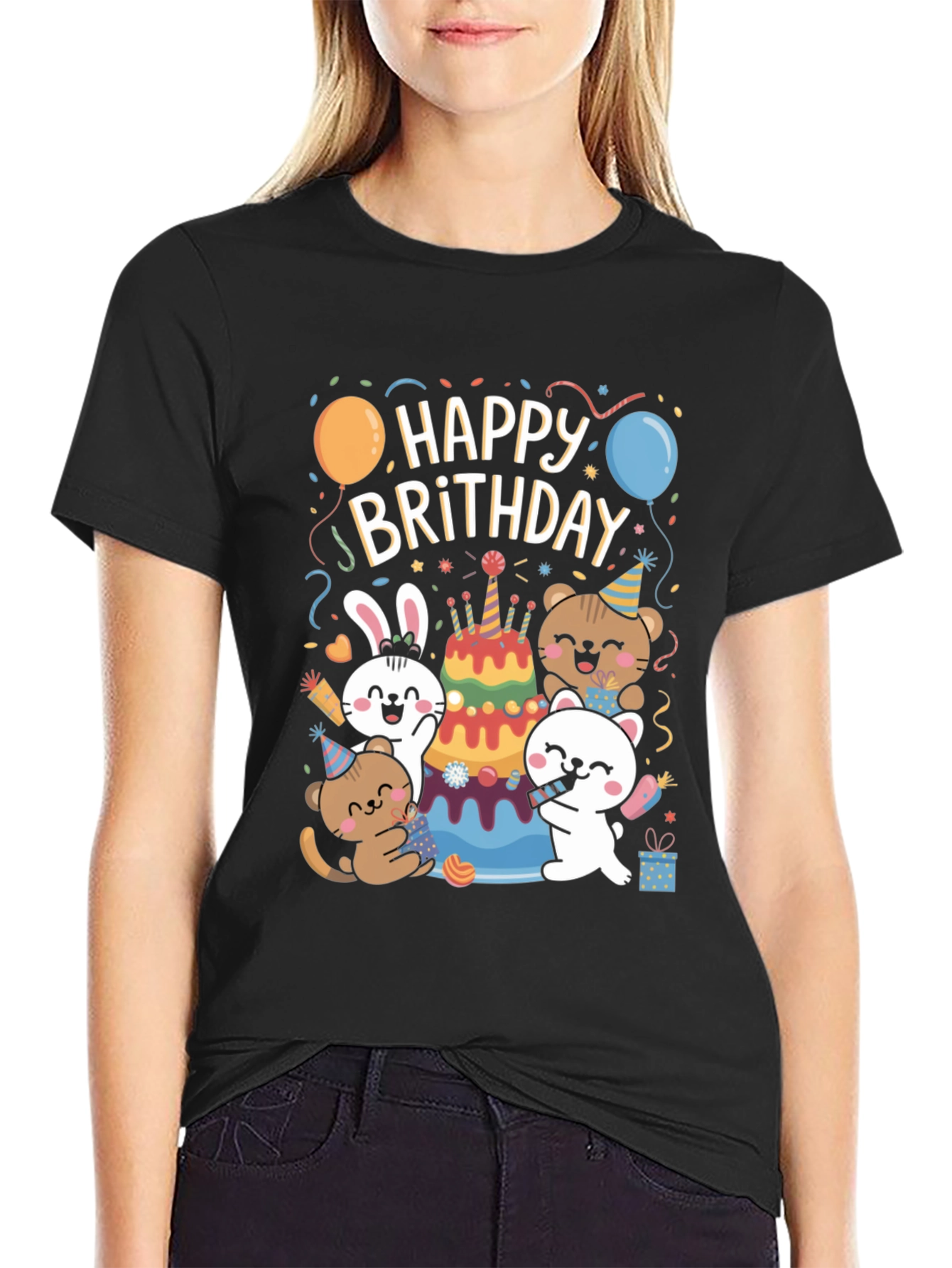 Black Happy Brithday T-Shirt With Cute Animal Graphics view 2