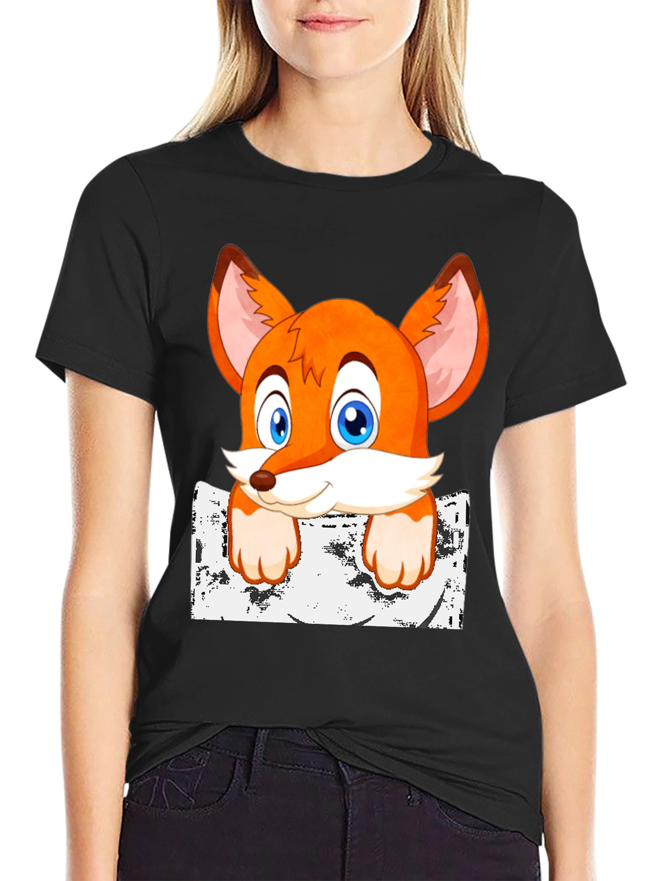 Black Cartoon Fox Graphic Print T-Shirt view 2