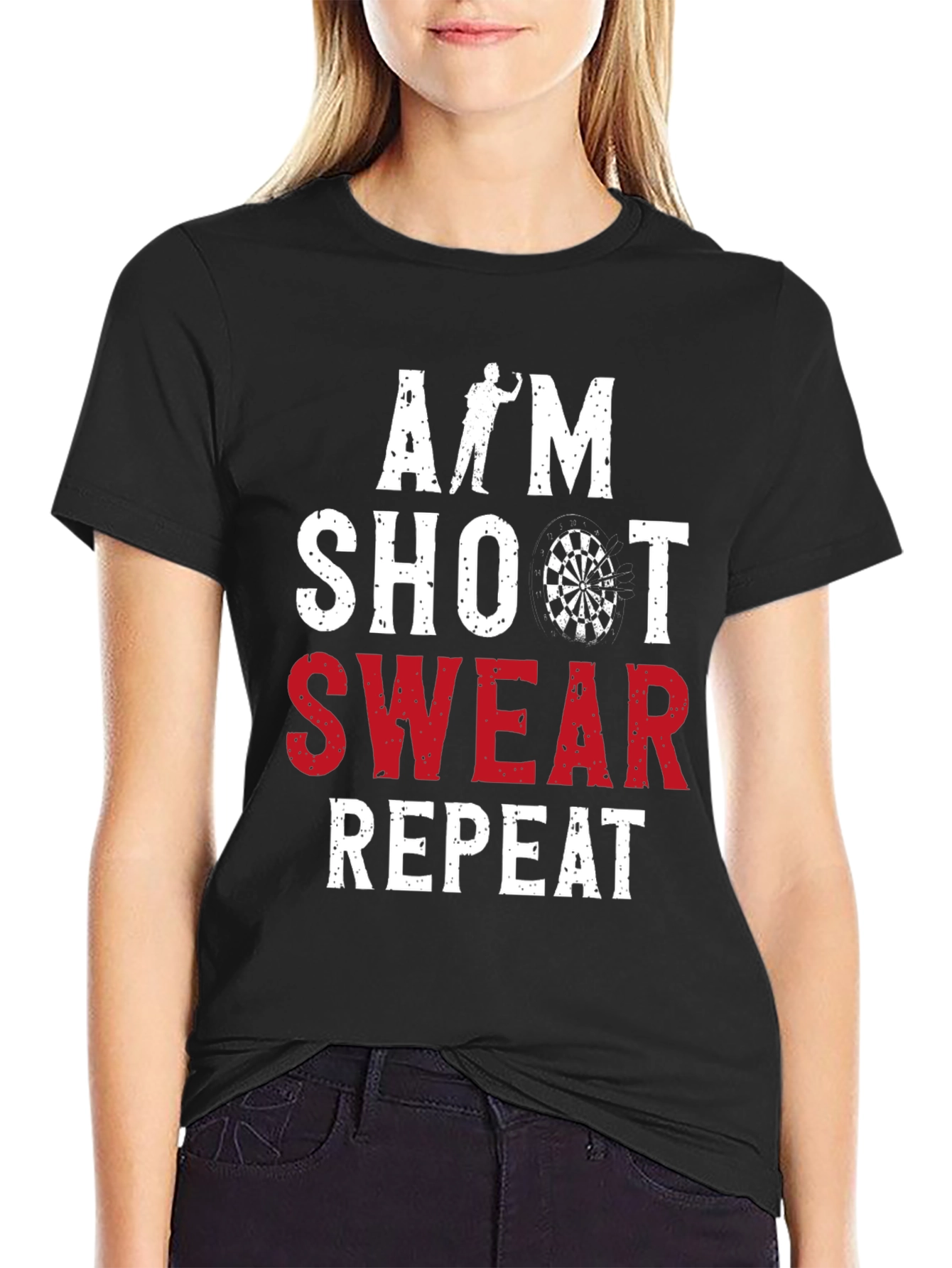 Black Aim Shoot Swear Repeat Darts Graphic Tee view 2
