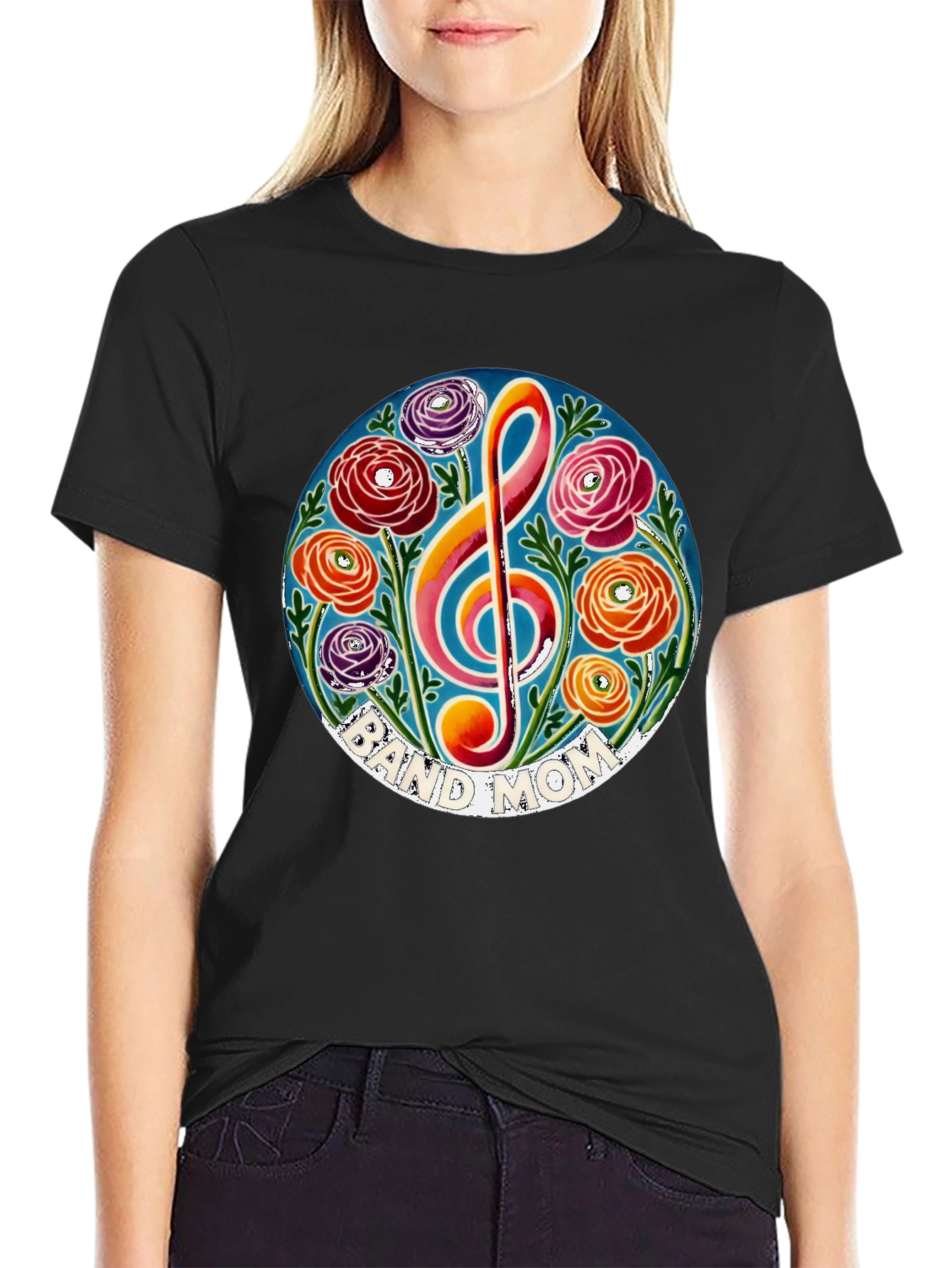 Black Band Mom Floral Treble Clef T-Shirt view 2