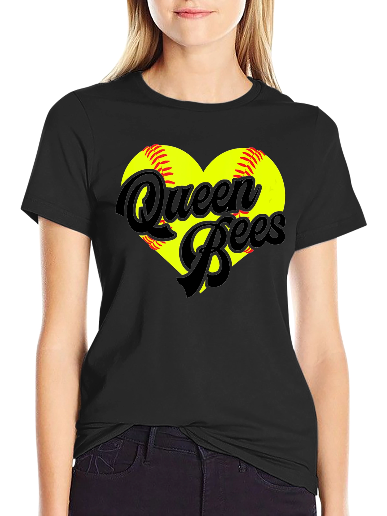 Black Queen Bees Softball Heart T-Shirt view 2