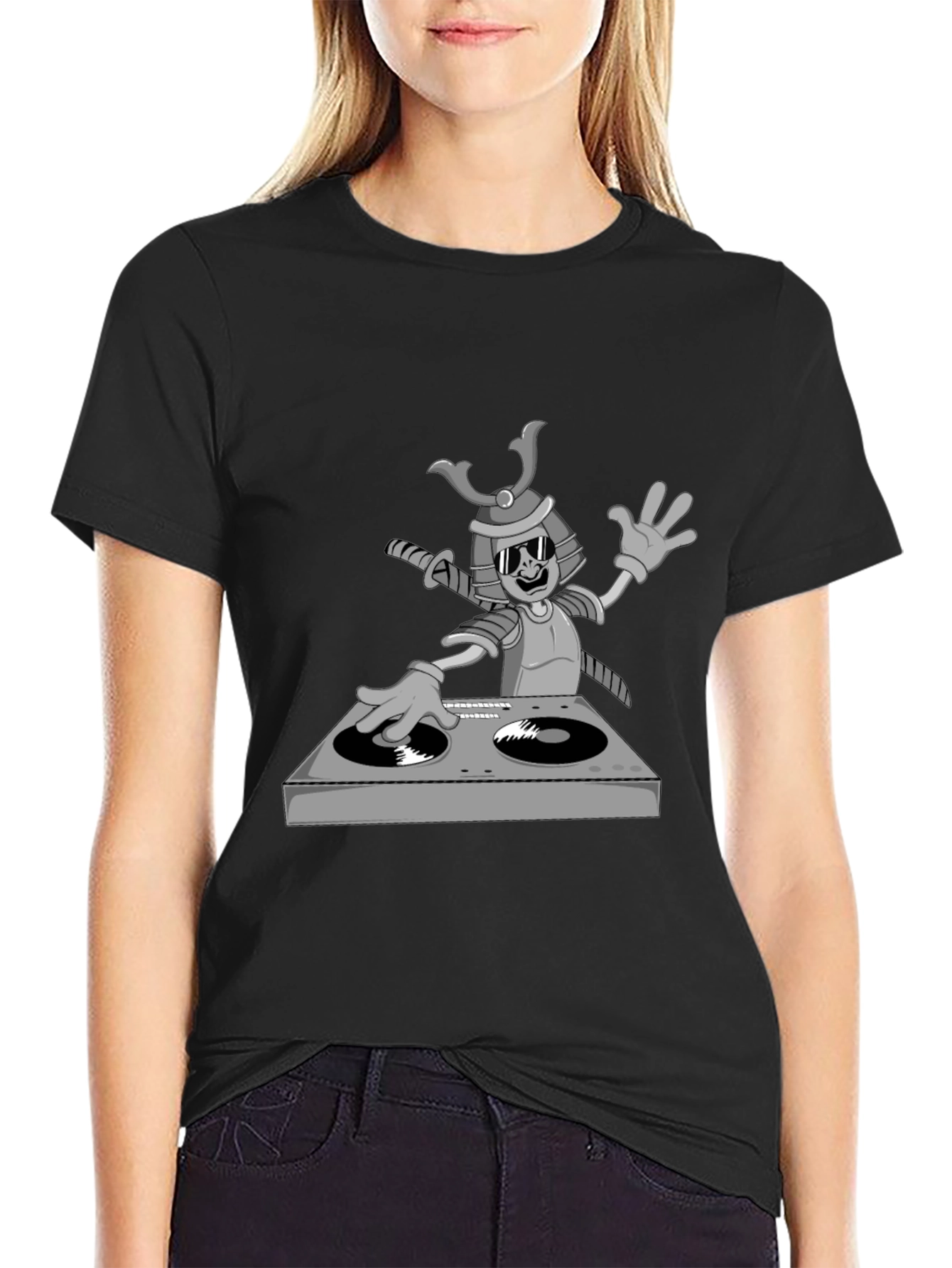 Black DJ Samurai T-Shirt - Cool Cartoon Graphic Tee view 2