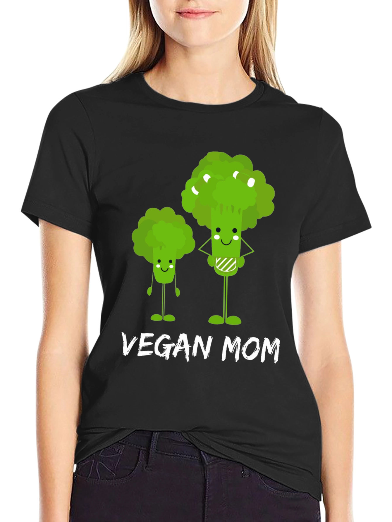 Black Vegan Mom T-Shirt - Cute Broccoli Design view 2