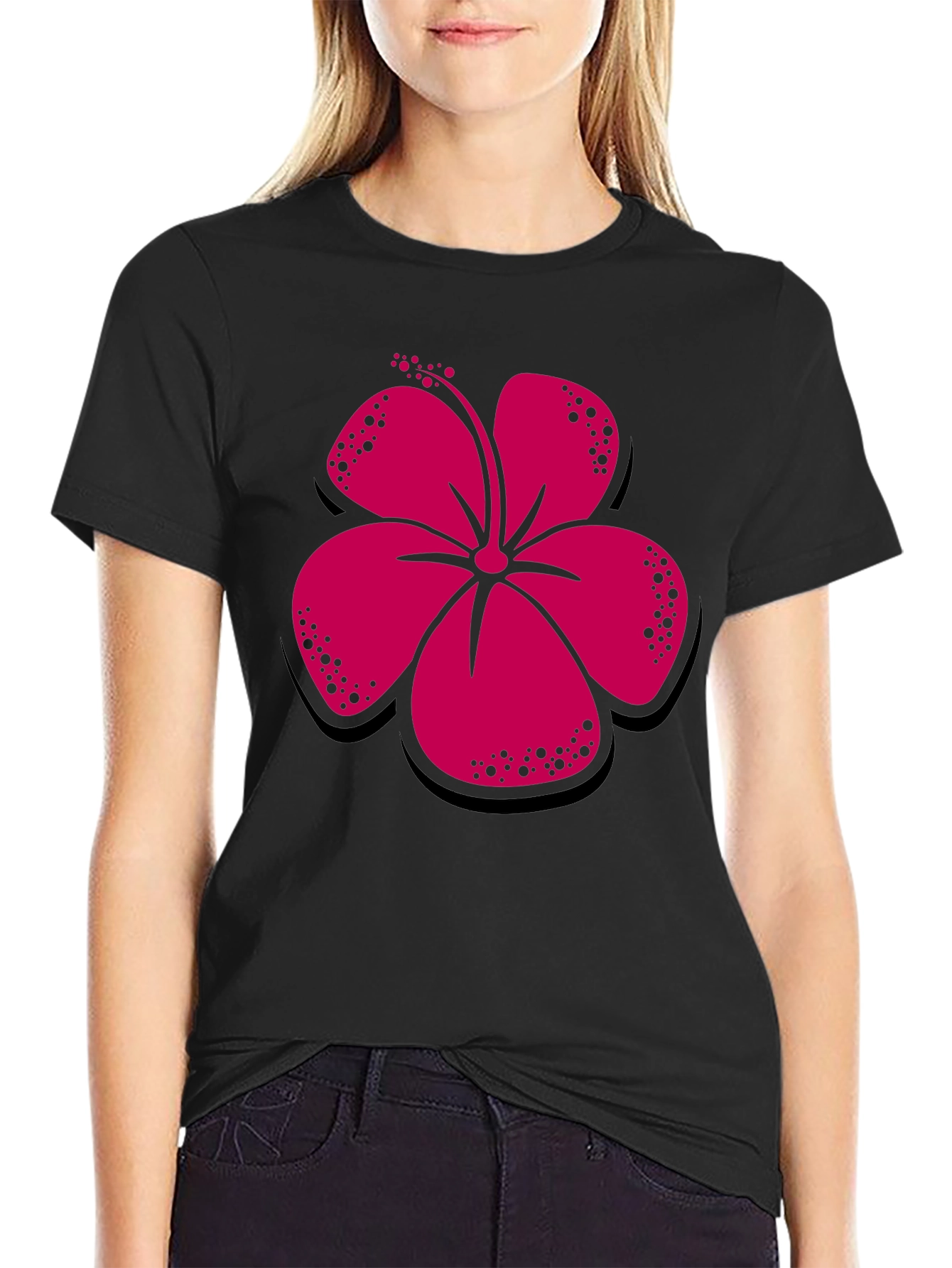 Black Hibiscus Flower Graphic Tee - Casual Black T-Shirt view 2