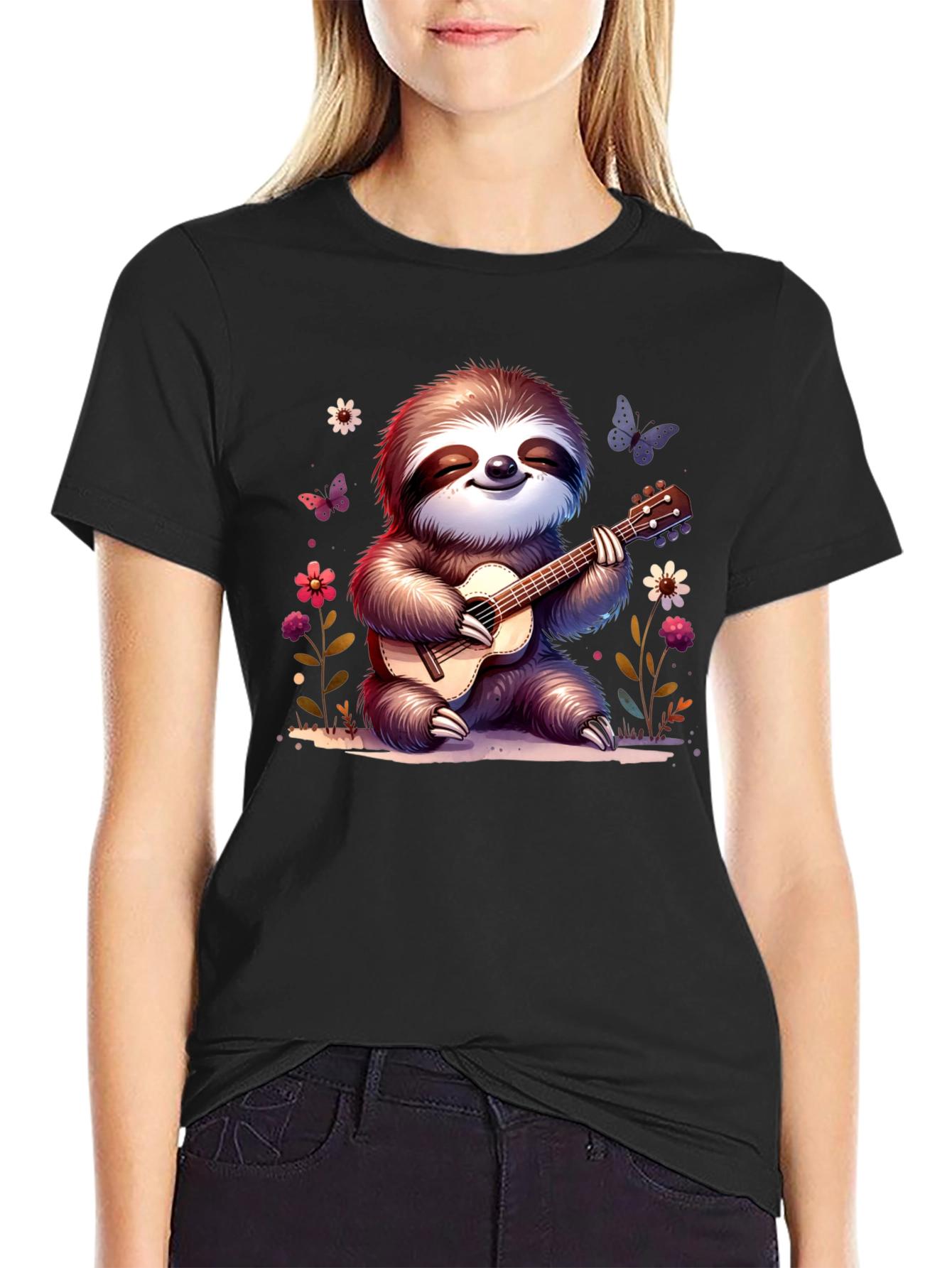 Black Cute Sloth Guitarist Graphic T-Shirt view 2