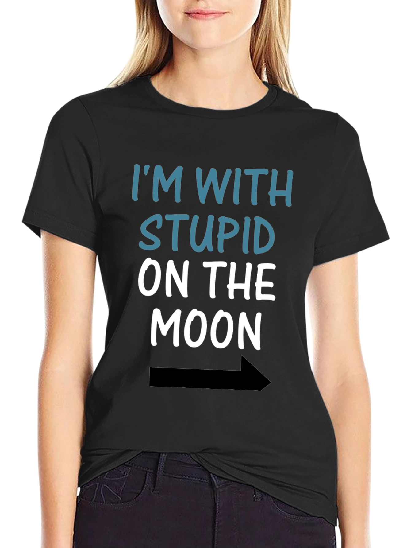 Black I'm With Stupid On The Moon Funny Black T-Shirt view 2
