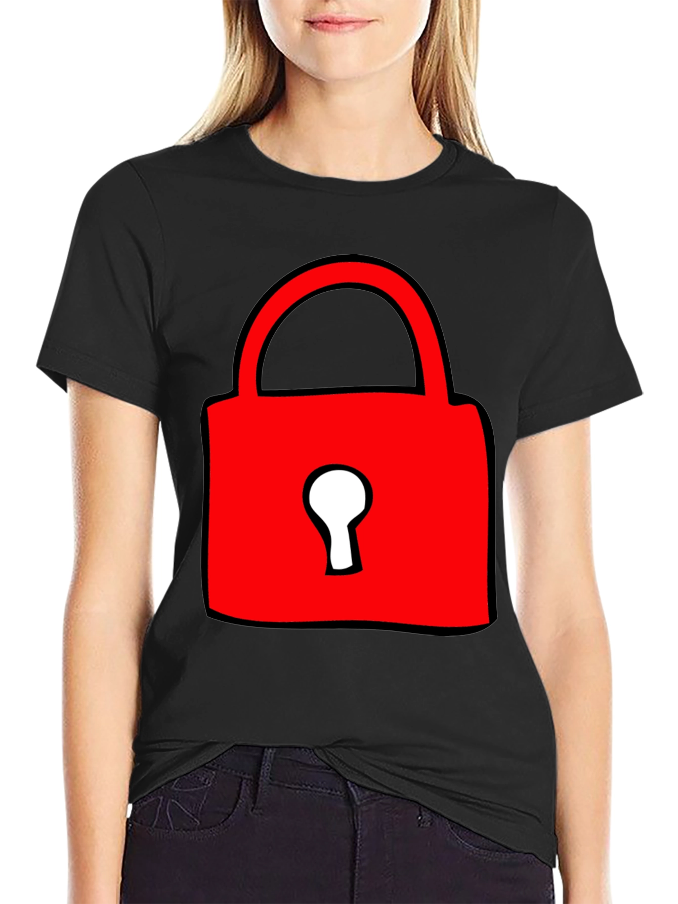 Black Red Lock Graphic T-Shirt - Casual Cotton Tee view 2