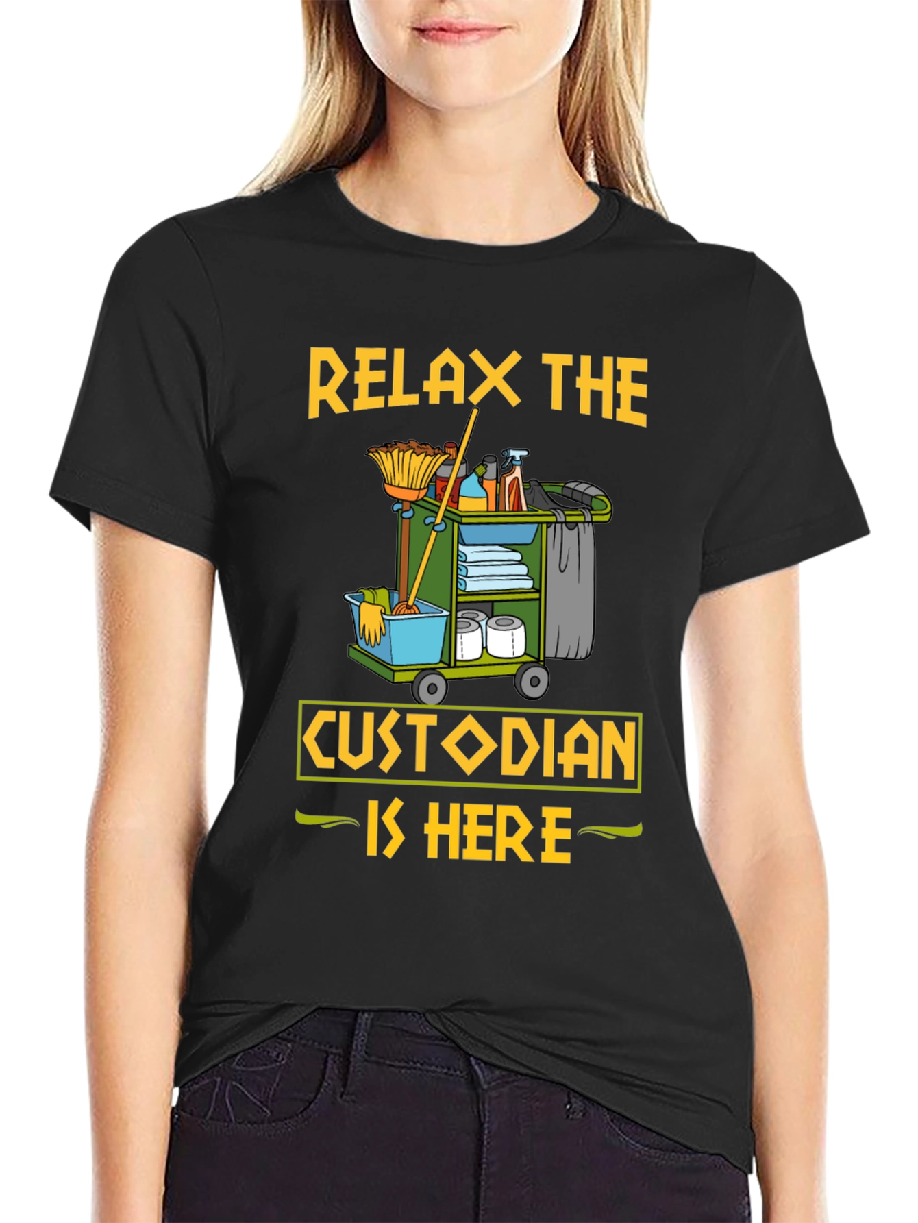 Black Relax The Custodian Is Here Funny T-Shirt view 2