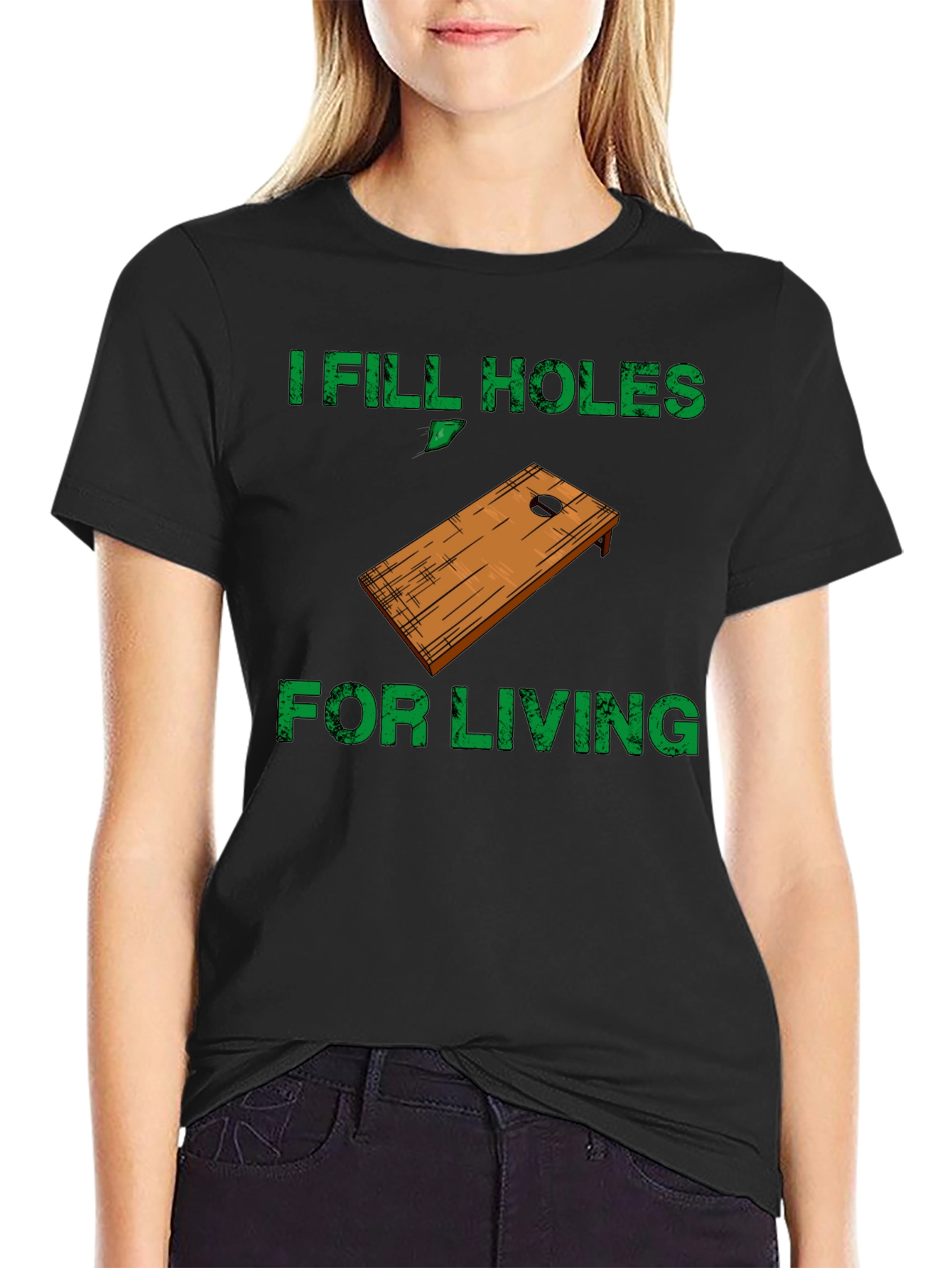Black I Fill Holes For Living T-Shirt - Cornhole Player view 2