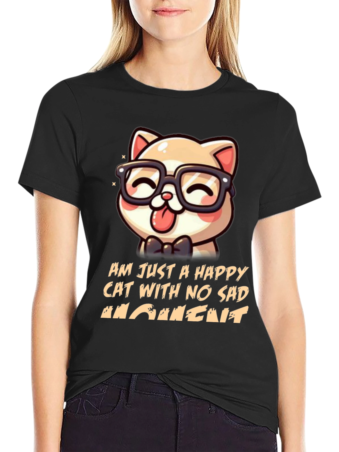 Black Happy Cat Graphic T-Shirt view 2