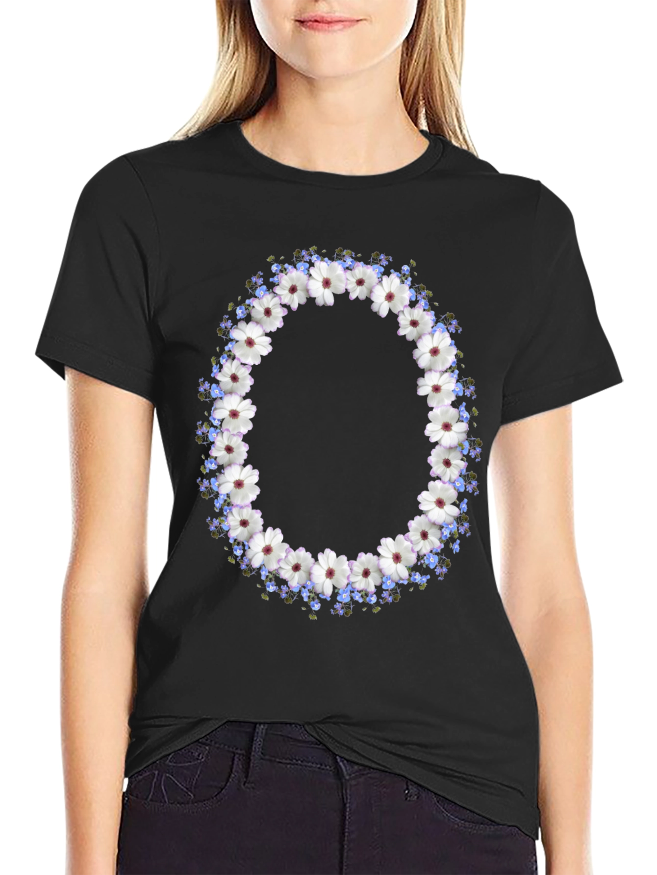 Black Floral Wreath Graphic Black T-Shirt view 2