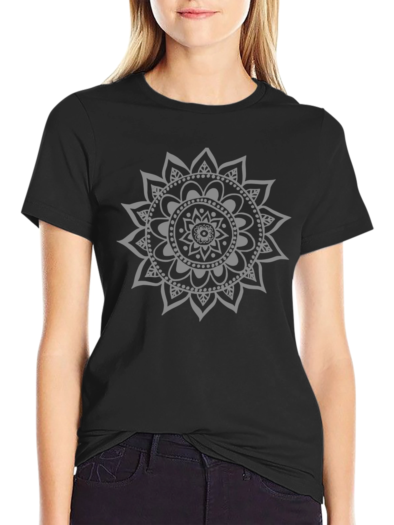 Black Men's Black T-Shirt with Grey Mandala Design view 2