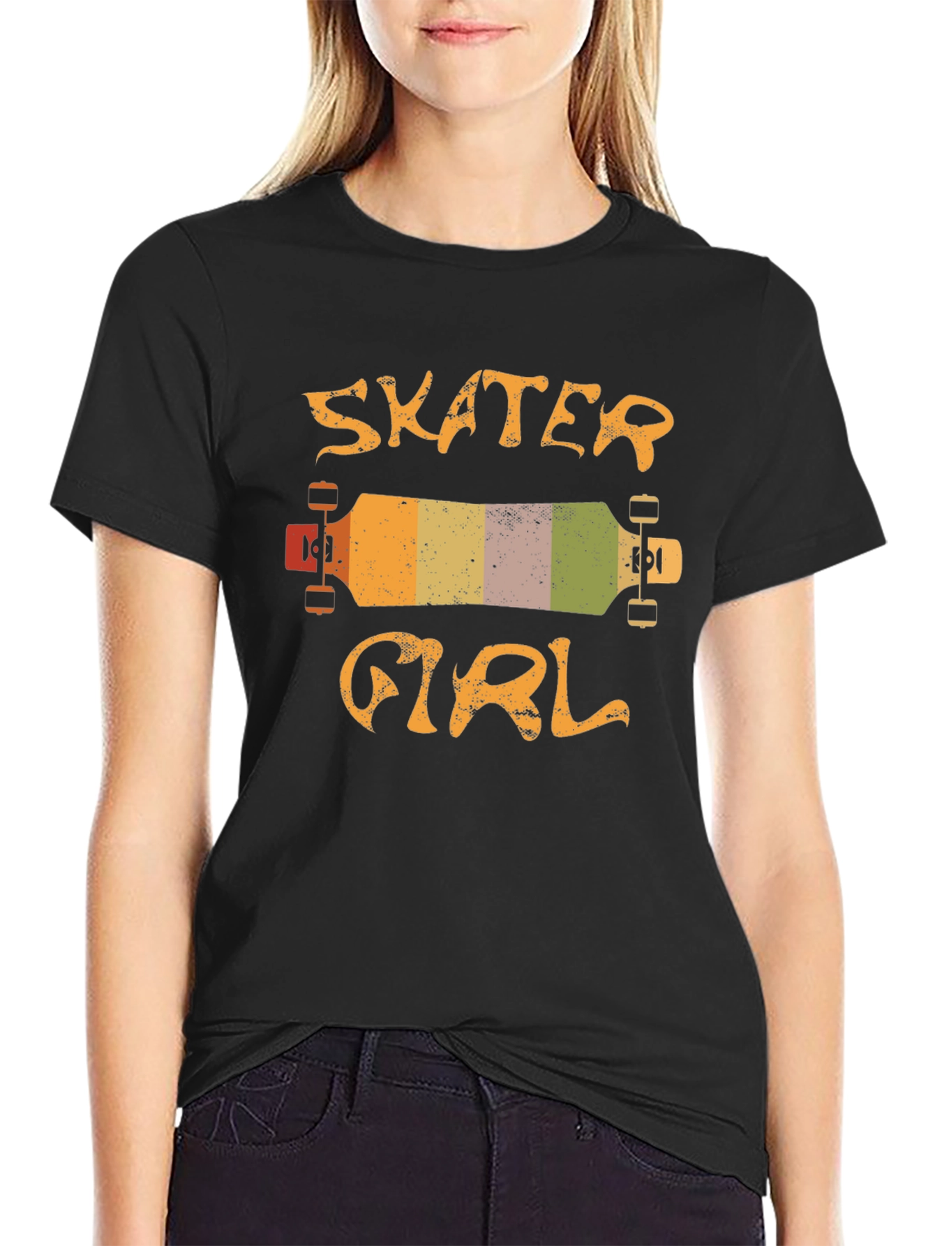 Black Skater Girl T-Shirt - Retro Skateboard Design view 2