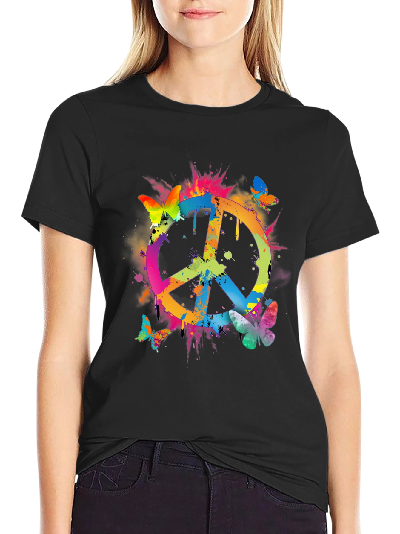 Black Peace Sign Butterfly Graphic Tee - Black view 2