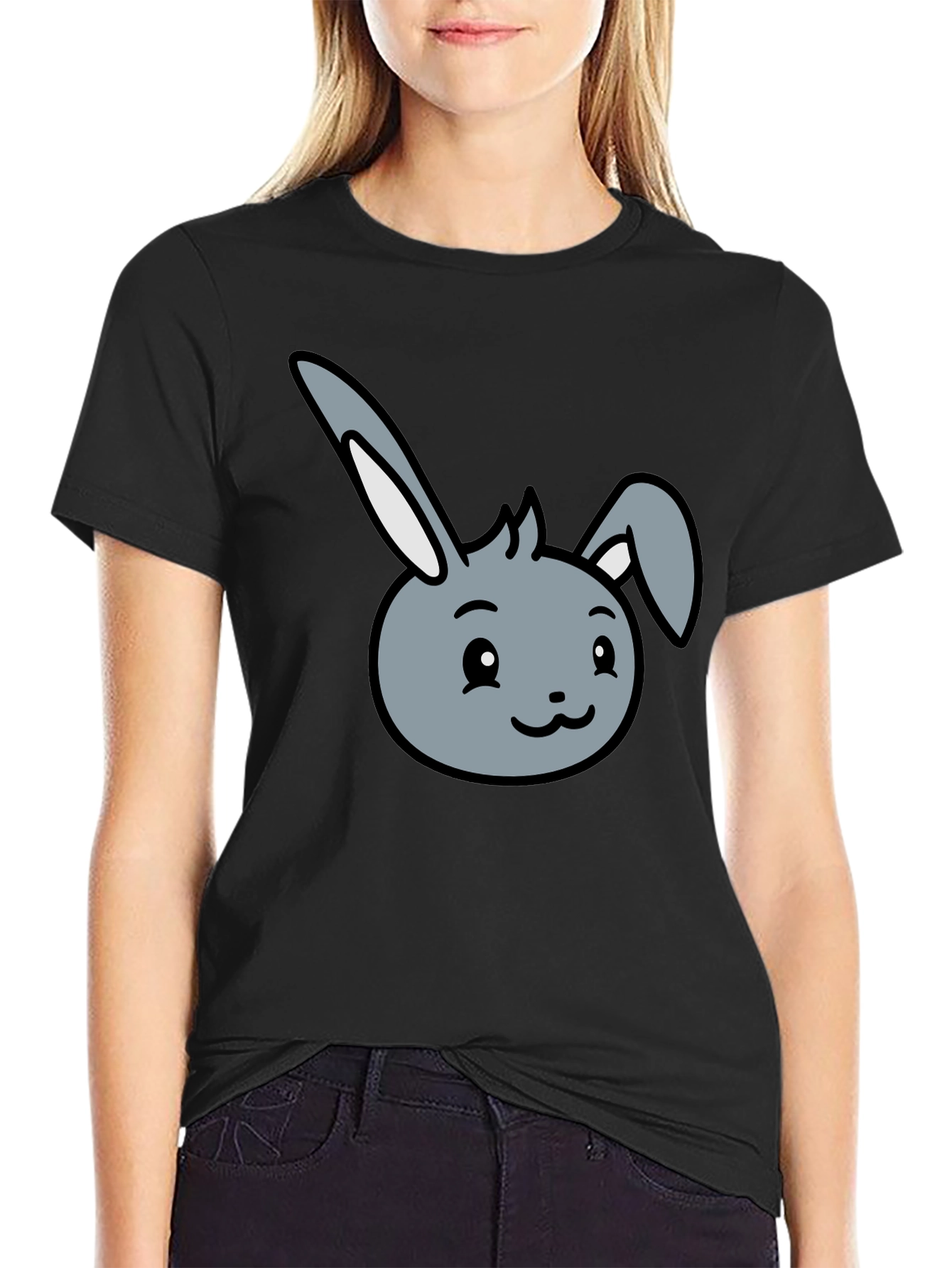 Black Cute Bunny Graphic Tee - Soft Cotton Blend view 2