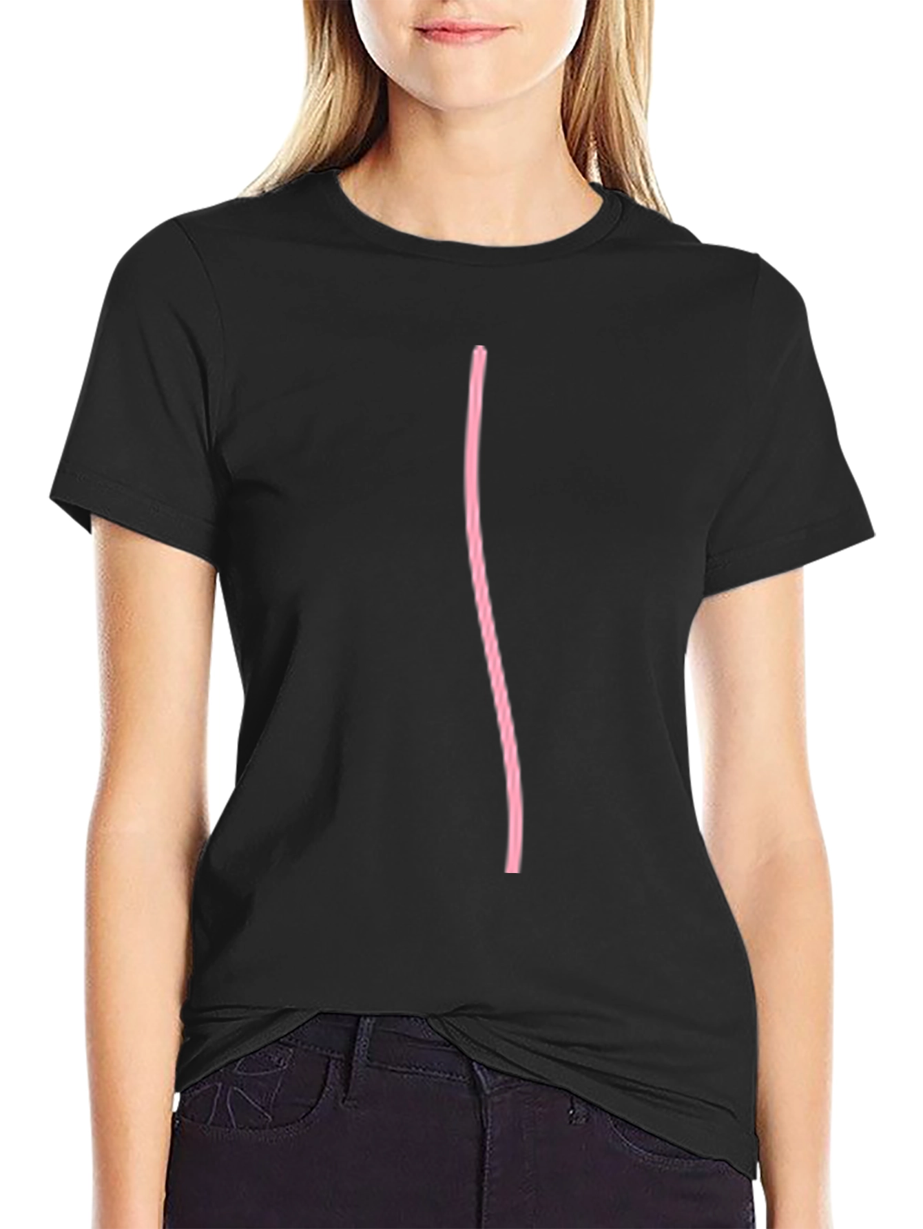 Black Black Casual Tee with Pink Line Design view 2